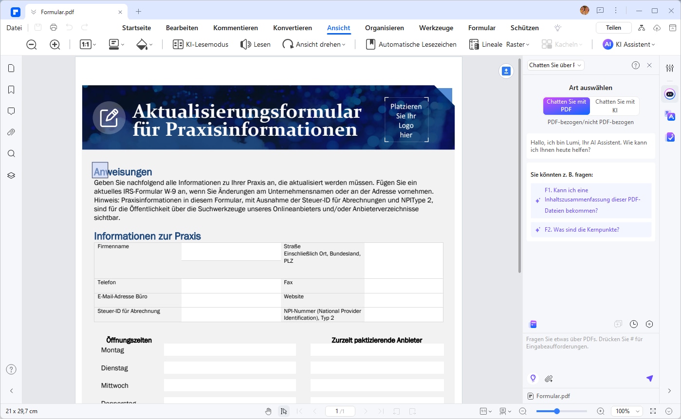 Das PDF wird automatisch die Formualre öffnen. Klicken Sie anschließend auf die Registerkarte Formular, um XFA-basierte PDF Formulare zu lesen, indem Sie die Registerkarte "Ansicht" verwenden, die Komponenten enthält, die Ihre Dokumentansichten ändern. Es enthält Teile wie Drucklayout, Vollbildanzeige, Weblayout, Umriss- und Entwurfsansicht. Dann klicken Sie einfach auf das Formularfeld und das Formular wird automatisch füllbar. Sie können jetzt beginnen, das XFA-Formular zu füllen.