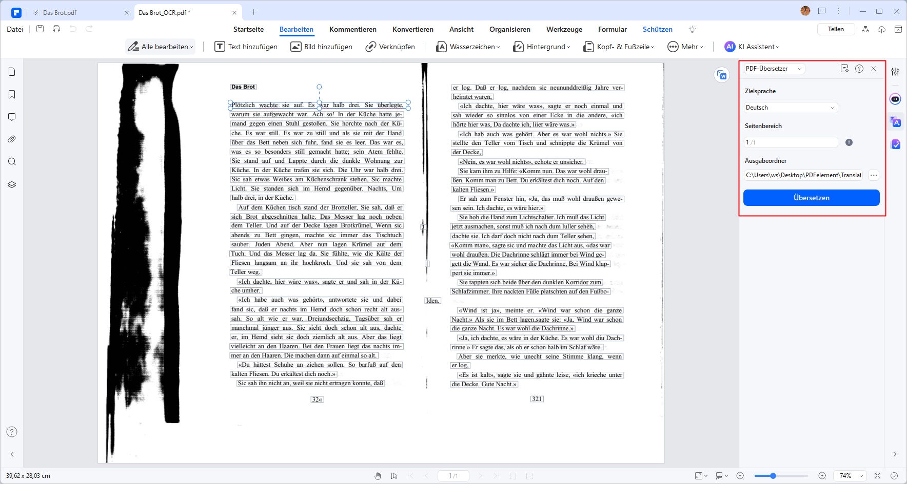 Wählen Sie dann in der Seitenleiste Übersetzen die gewünschte Sprache aus und klicken Sie auf die Schaltfläche Übersetzen. Der Text wird dann in die Zielsprache übersetzt. PDFelement unterstützt die Übersetzung in über 100 Sprachen.