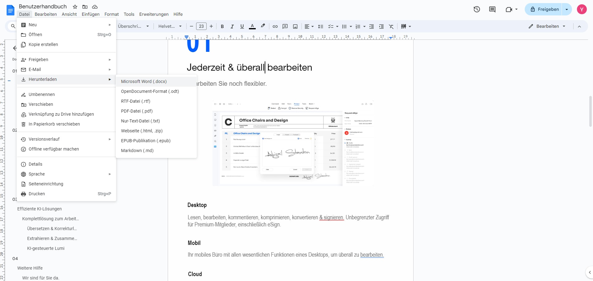 In der Drop-down-Menü können Sie jetzt die Schaltfläche "Herunterladen" auswählen und dann die Option "Microsoft Word" wählen. Schließlich wird die Datei als Word-Format heruntergeladen.