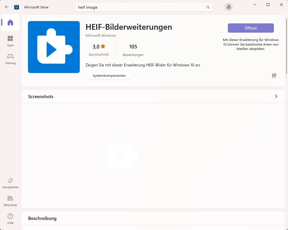 Klicken Sie auf "Ja", wenn das Gerät Sie fragt, ob Sie die App wechseln möchten. Microsoft leitet Sie auf die "HEIF Image Extensions" Seite in der Microsoft Store App weiter. Klicken Sie auf "Installieren", um die Erweiterung zum Öffnen von HEIC-Dateien herunterzuladen.