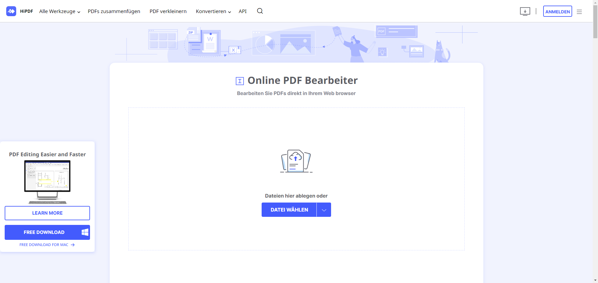 Wenn Sie sich auf dem Online-PDF-Editor von HiPDF befinden, wählen Sie die Schaltfläche "PDF hochladen". Sie können Ihre PDF-Datei von Ihrem Gerät, Dropbox oder Google Drive hochladen.