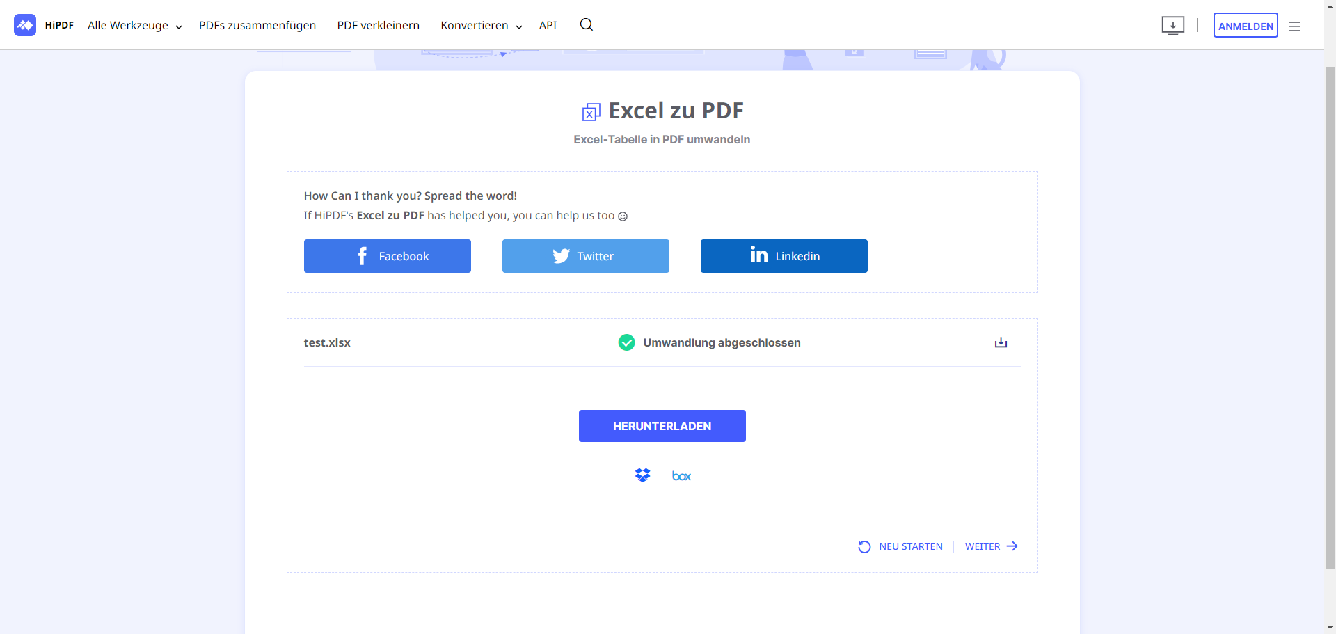 Nachdem HiPDF die Excel-Datei in eine PDF-Datei konvertiert hat, klicken Sie auf „Herunterladen“.