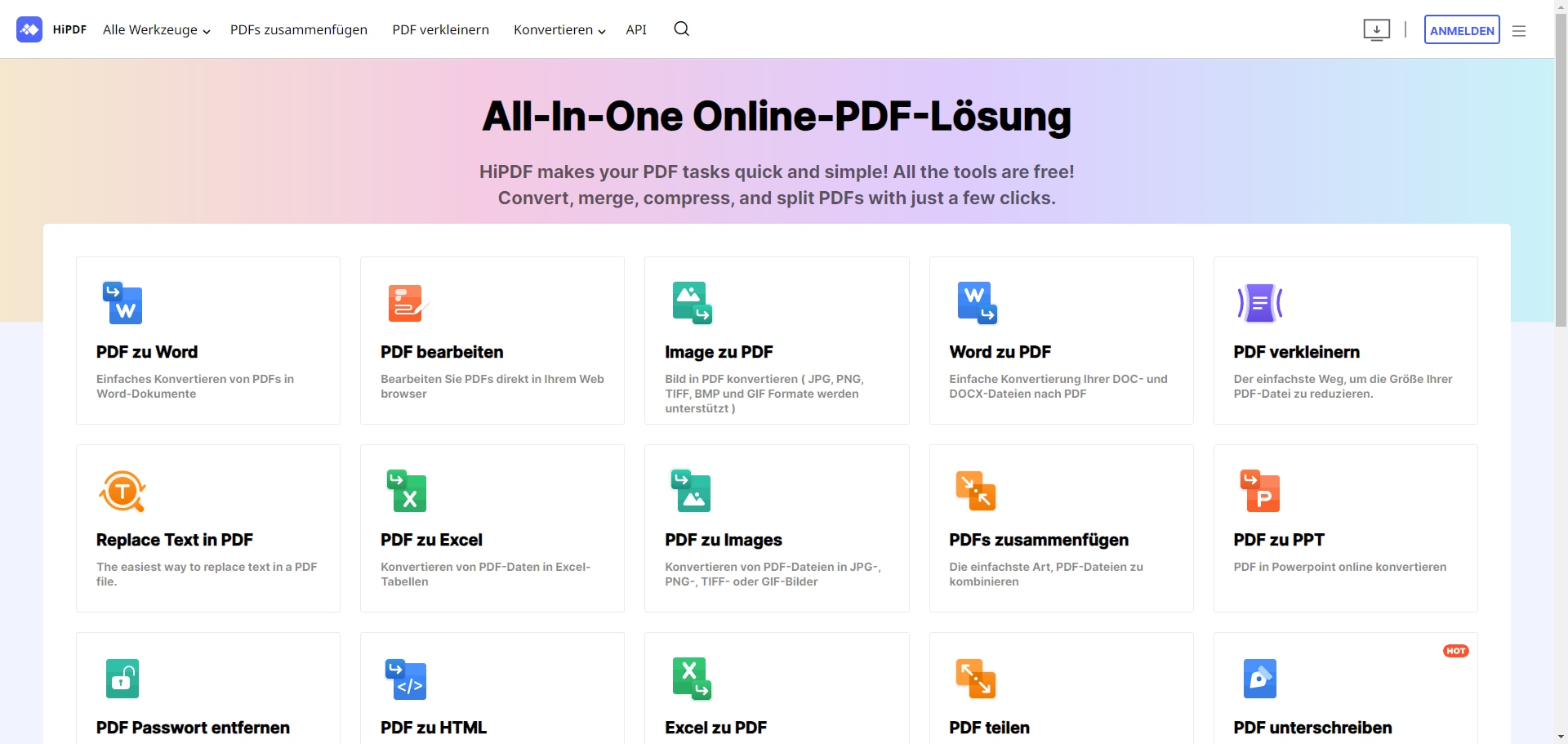 HiPDF ist ein kostenloser Online-PDF-Dienst, der Ihnen alle Tools bietet, die Sie für die Bearbeitung von PDF-Workflows benötigen. Sie können sich auch registrieren und zusätzliche Funktionen nutzen, aber selbst der Grunddienst umfasst fortschrittliche Tools wie OCR.