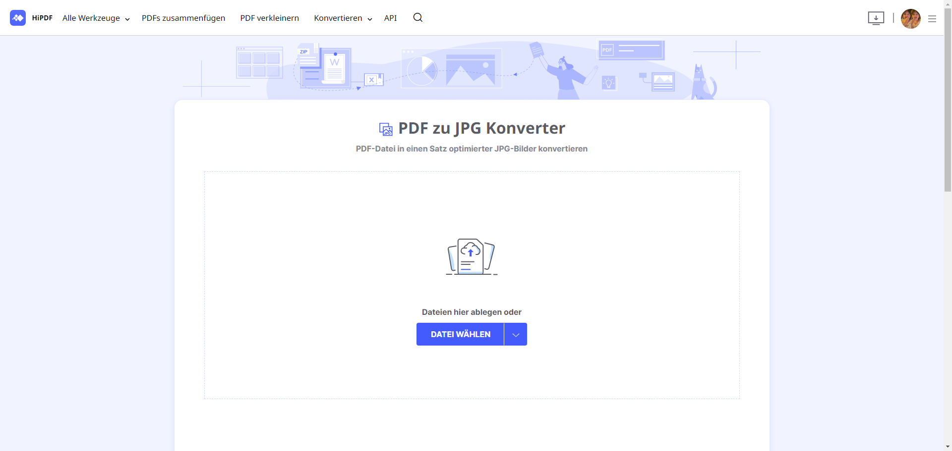 HiPDF Kostenloser PDF in JPG-Konverter ist ein Online-PDF-Tool, mit dem Sie Ihre PDF-Dateien einfach konvertieren können. Es ist ein kostenloser Online-Konverter, mit dem Sie PDF in JPEG, PNG, Word, Excel und mehr umwandeln können.