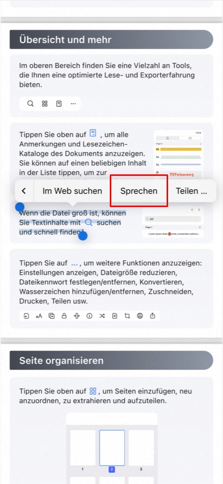 Sobald die "Auswahl sprechen" aktiviert ist, markieren Sie einfach den gewünschten Teil des Textes auf die gleiche Weise wie beim Kopieren. Der einzige Unterschied besteht darin, dass Sie stattdessen die Taste "Sprechen" drücken. Mit der Option "Pause" können Sie das Vorlesen jederzeit unterbrechen.