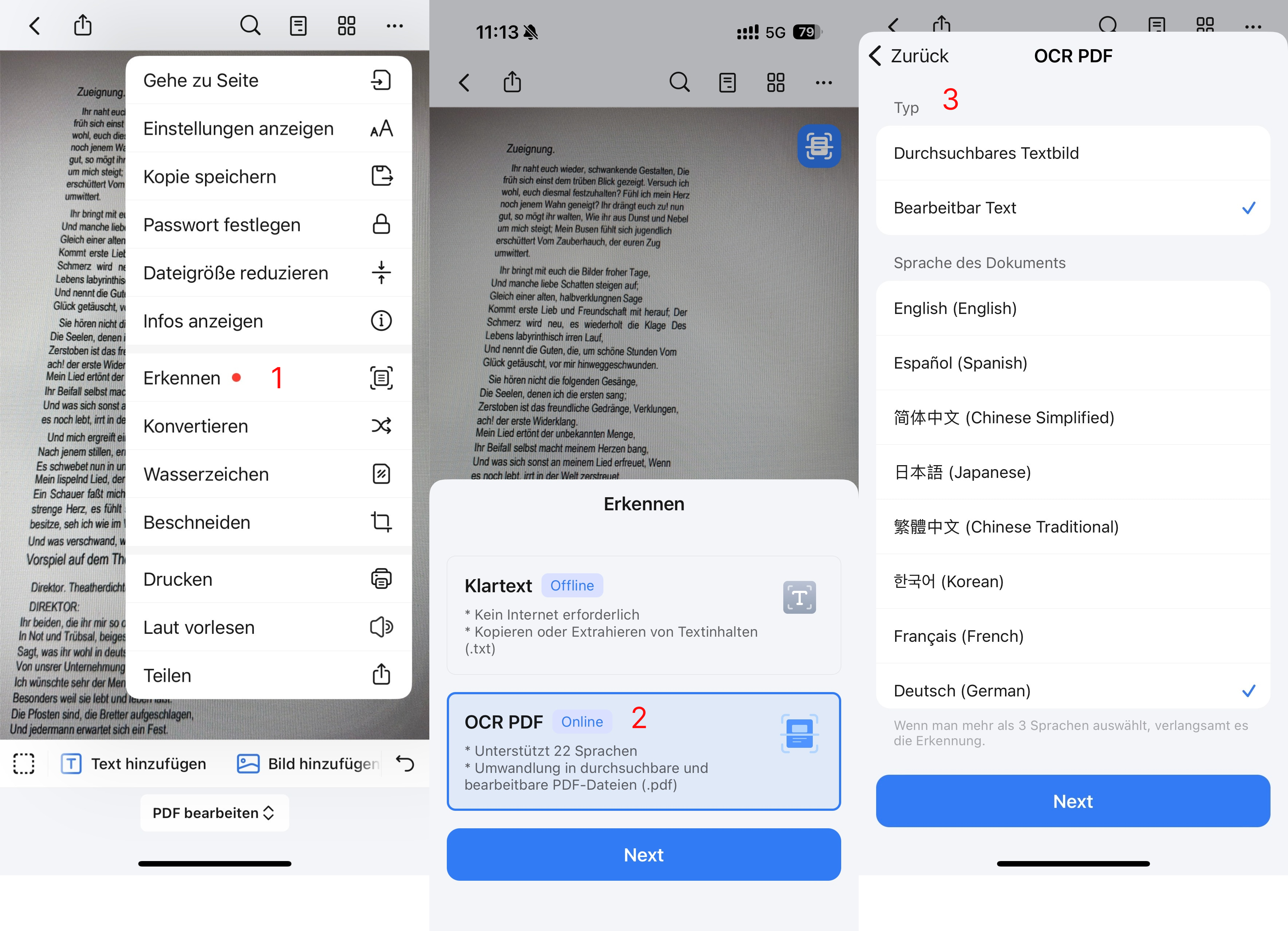 Klicken Sie oben rechts auf das „Drei-Punkte“-Logo und wählen Sie die Funktion „Erkennen“. Wählen Sie „OCR-PDF“. Wählen Sie in den OCR-Einstellungen „Bearbeitbarer Text“ und die Dateisprache aus und klicken Sie abschließend auf „Weiter“, um mit dem Scannen der Datei zu beginnen.