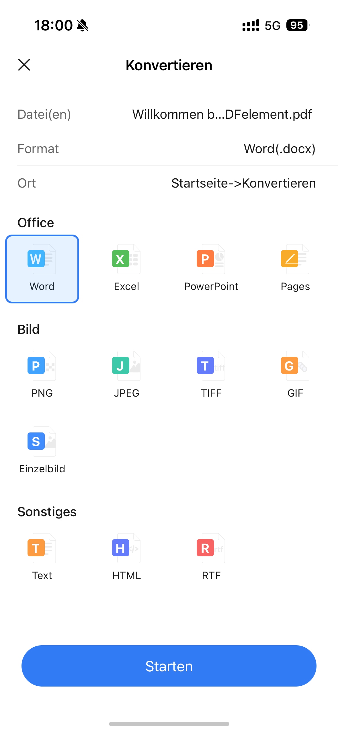 Wählen Sie das Ausgabeformat in der Formatliste, die auf dem Bildschirm angezeigt wird, und klicken Sie dann auf die Schaltfläche "Start". In ein paar Sekunden wird die Konvertierung durchgeführt.