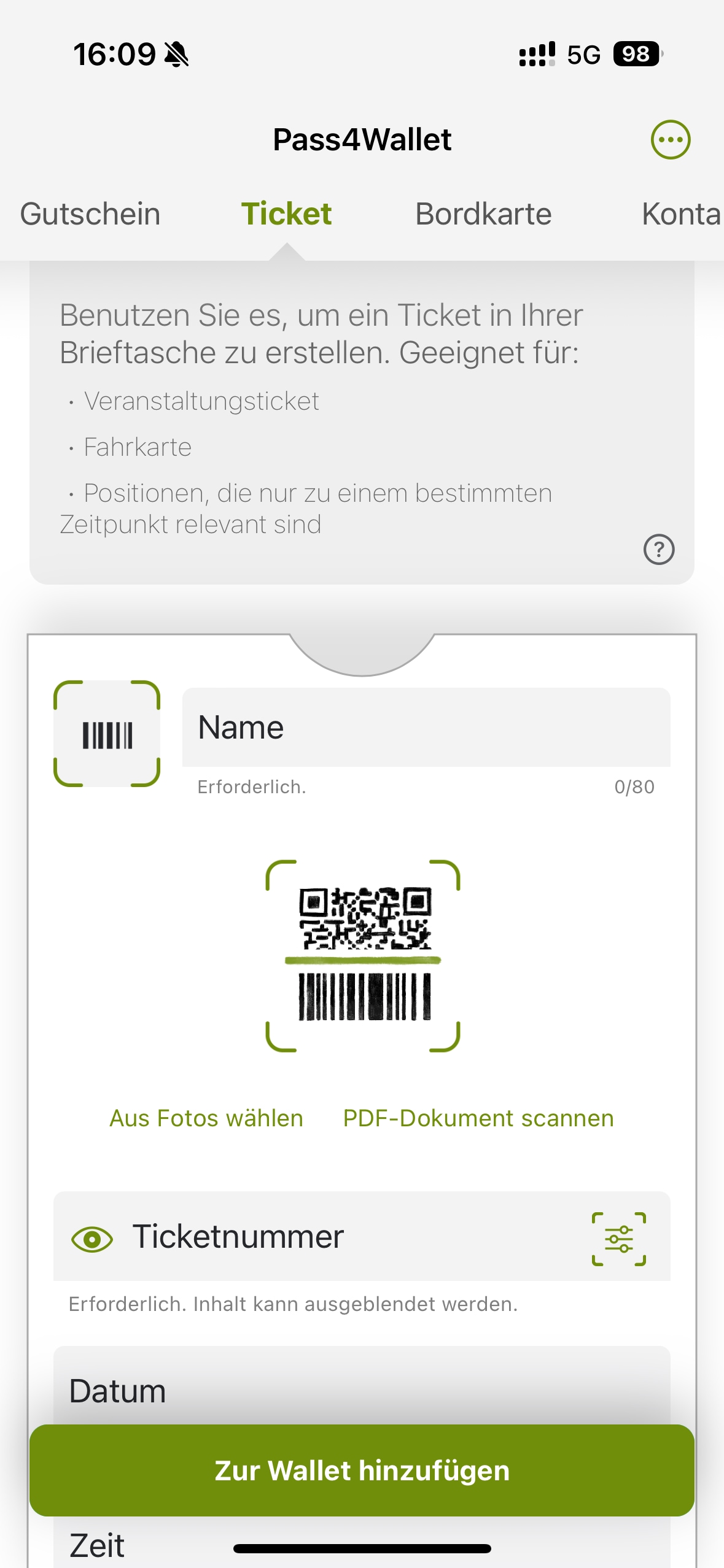 Verschieben Sie die obere Symbolleiste, um die Registerkarte Ticket zu finden. Tippen Sie darauf. Tippen Sie auf "PDF-Dokument scannen".