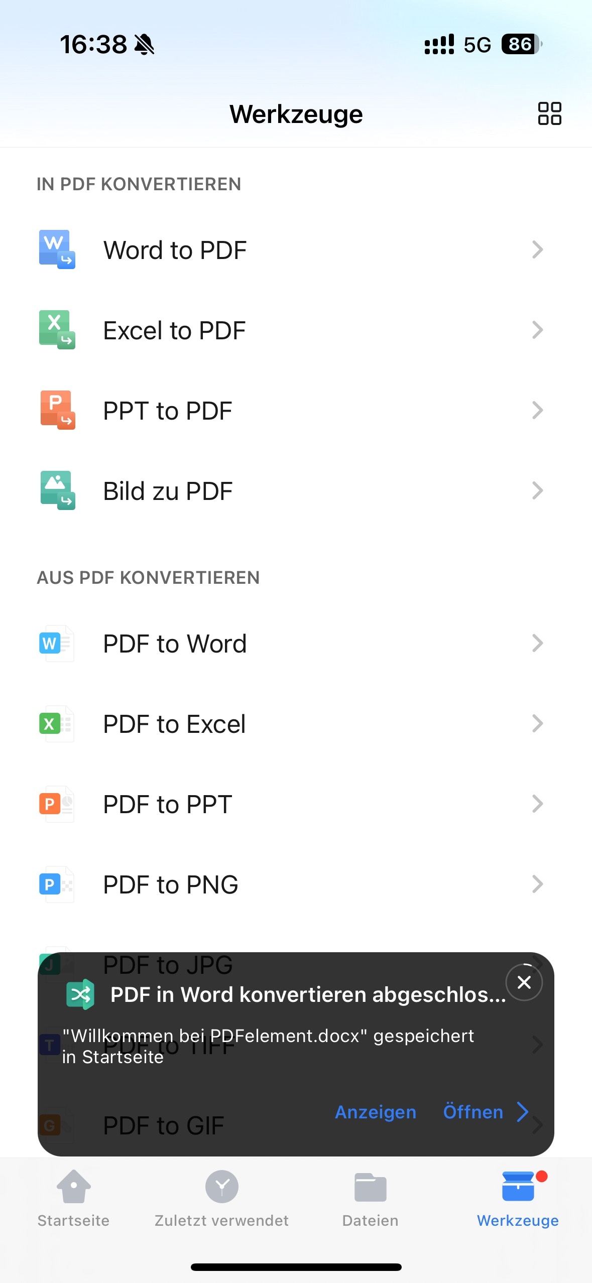 In nur wenigen Sekunden schließt PDFelement die Konvertierung ab und zeigt „PDF-zu-Word-Konvertierung abgeschlossen“ auf dem Bildschirm an.