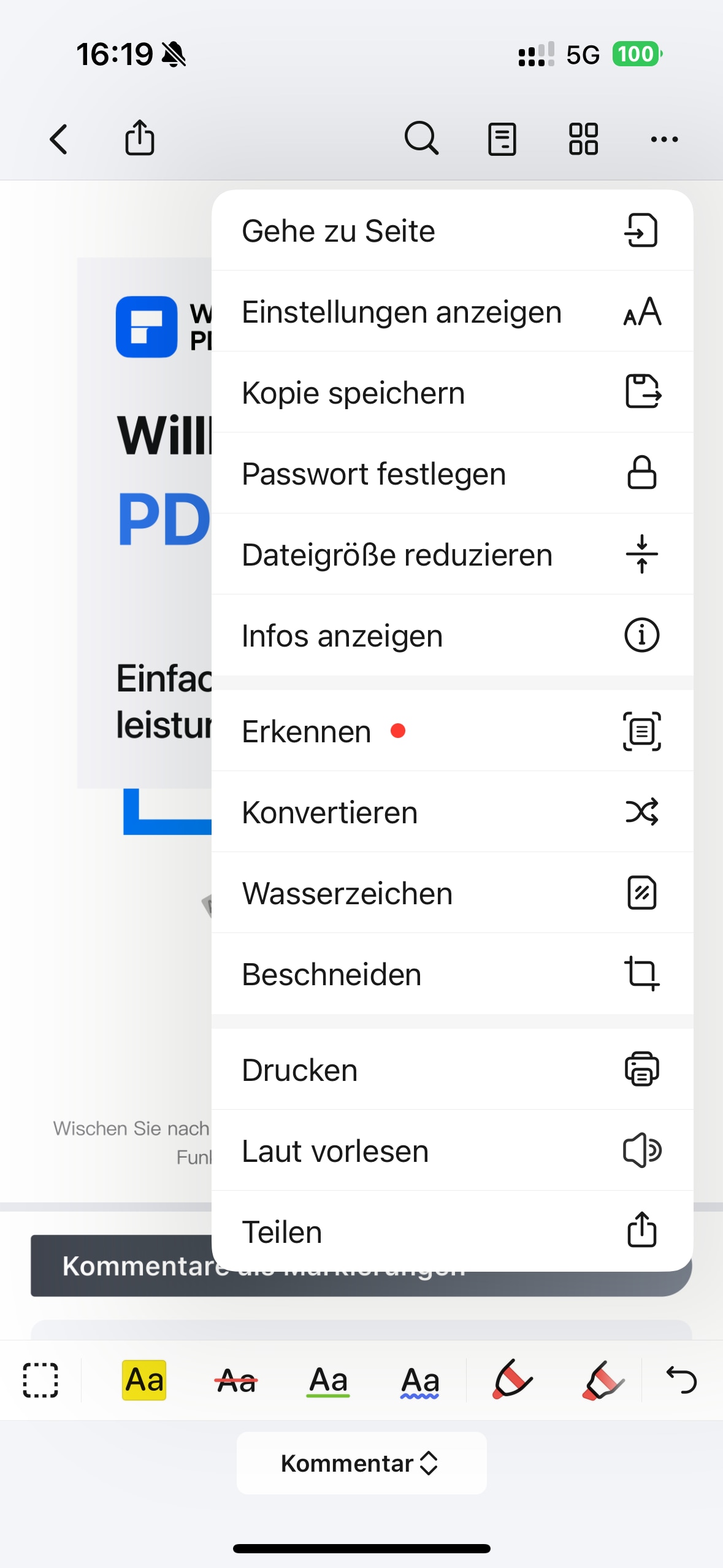 Öffnen Sie dann die App und wähle die zu komprimierende PDF-Datei aus. Klicken Sie auf das Dreipunkt-Symbol und wähle "Dateigröße reduzieren".