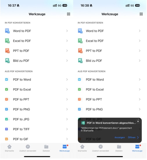 PDFelement für iOS bietet eine Konvertierungsfunktion, mit der Sie dies tun können. Es kann PDF in Word, Excel, JPG, PNG und mehr konvertieren. Ein weiterer Vorteil der Verwendung der offline PDF in Word Konverter-App besteht darin, dass Sie auch Ihre PDF-Dateien annotieren und bearbeiten können.