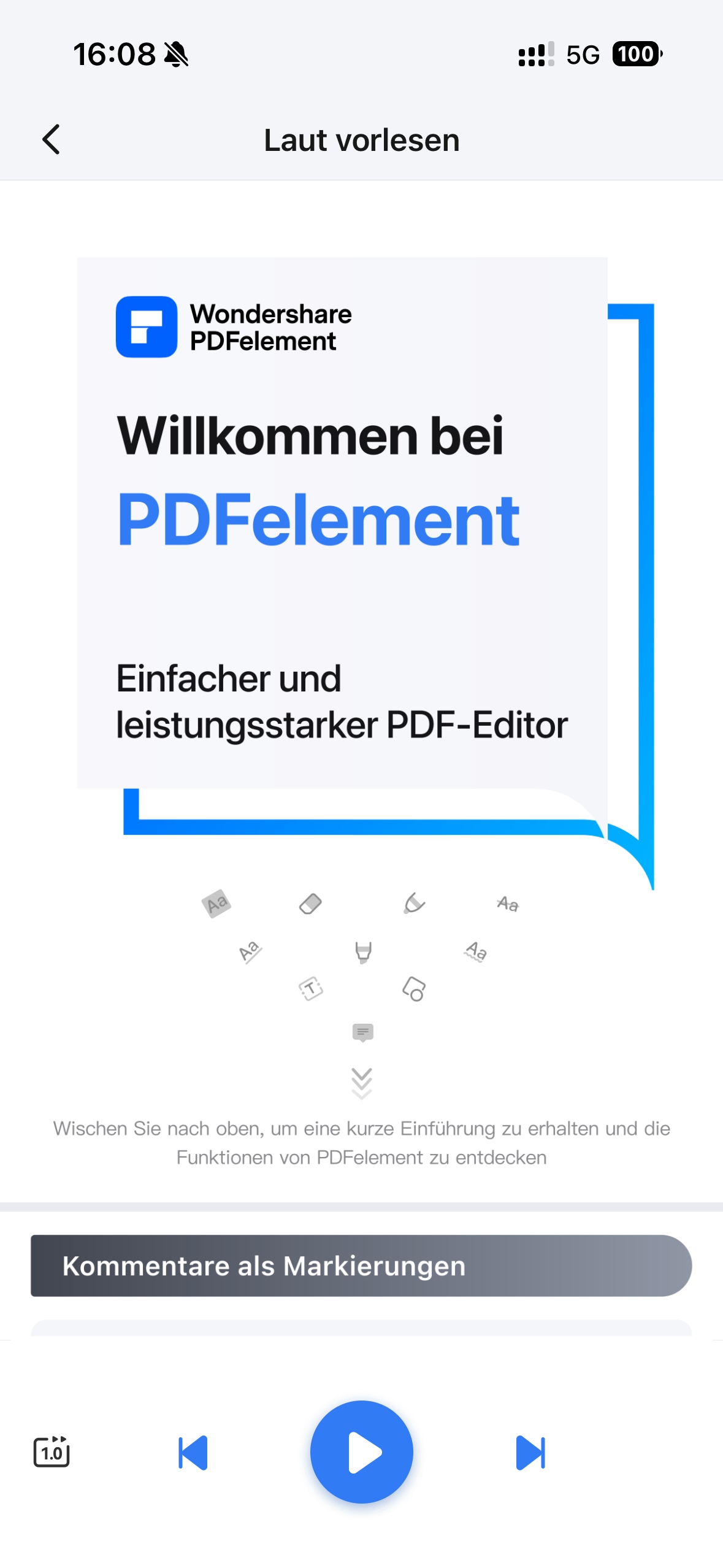 Die PDFelement-App beginnt, die PDF-Datei für Sie vorzulesen. Sie können die Lesegeschwindigkeit oder den Leseinhalt mit den Schaltflächen „Als Nächstes abspielen“ oder „Letztes abspielen“ anpassen.