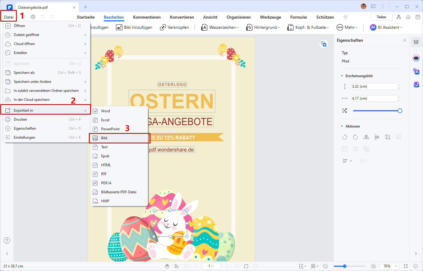 Wenn Sie das Bildformat direkt exportieren möchten, können Sie auf „Datei“ > „Exportieren in“ > „Bild“ klicken. Wählen Sie im Popup-Einstellungsfenster das Bildformat und den Speicherort aus und klicken Sie abschließend auf „OK“.