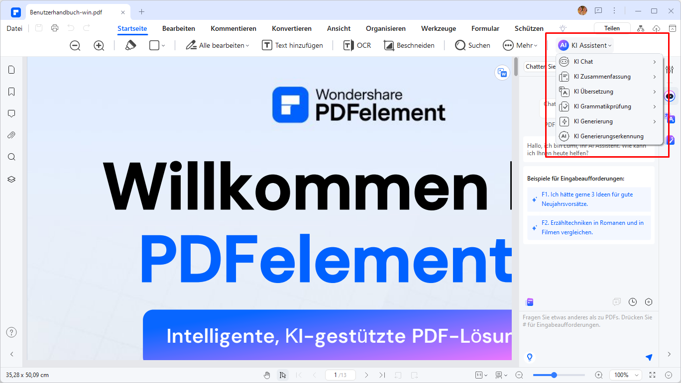 Sie können auch die KI-Funktionen von Wondershare PDFelement nutzen, um die konvertierte Chrome-HTML-Dokumentdatei zu korrigieren und zu übersetzen.