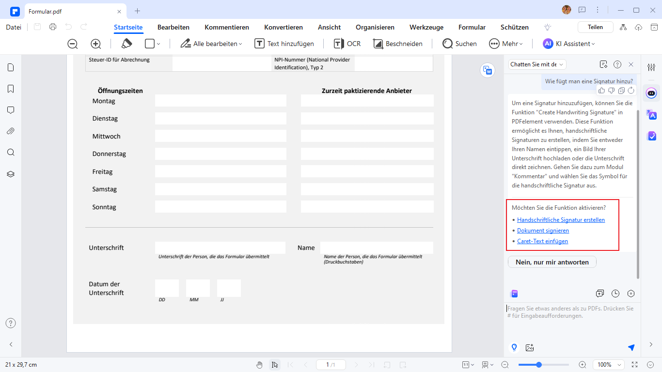 PDFelement zeigt Ihnen drei Optionen an. Wählen Sie "Handschriftliche Signatur erstellen".