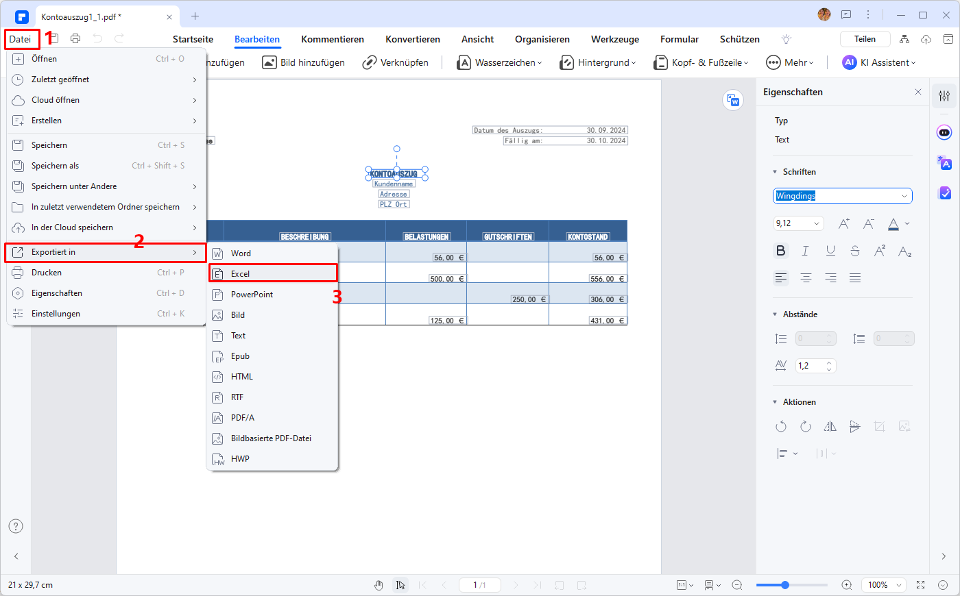 Klicken Sie auf „Datei“ > „Exportieren in“ > „Excel“, um die bearbeitete PDF-Datei in Excel-Format umzuwandeln.