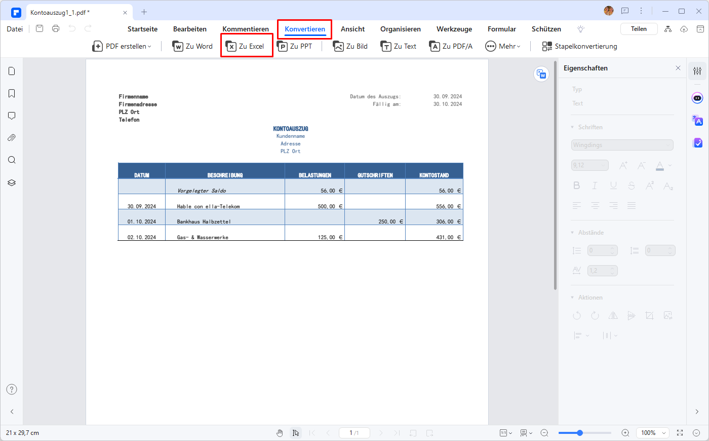 Klicken Sie auf „Konvertieren“ > „Zu Excel“ und überprüfen Sie die konvertierte Datei, um sicherzustellen, dass das Format beibehalten wurde.