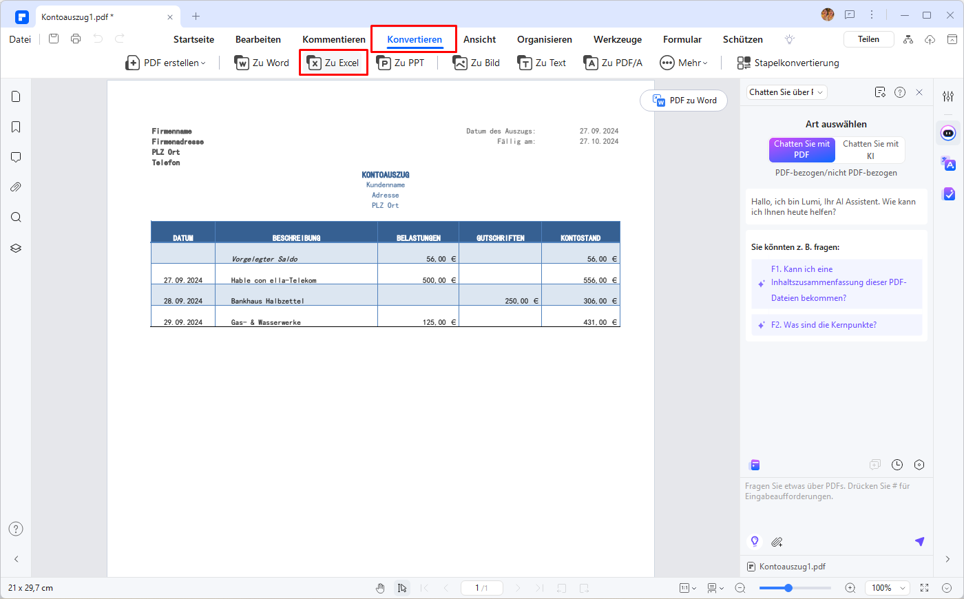 Klicken Sie auf "Konvertieren" >"Zu Excel" und der Kontoauszug wird in eine Excel-Datei konvertiert. Er wird standardmäßig im Format .xlsx gespeichert.