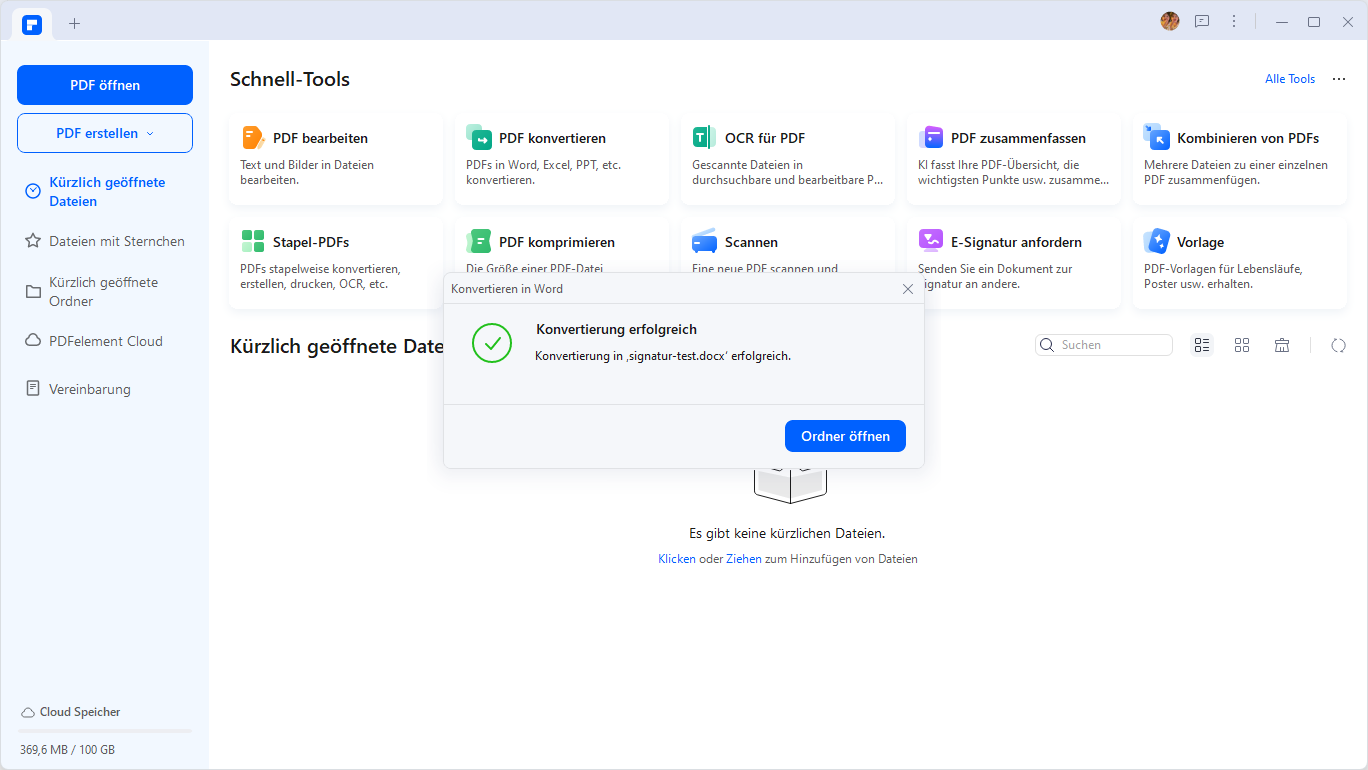 Nach dem Öffnen der Datei müssen Sie auf das "Speichern unter" Fenster zugreifen und im Dropdown-Menü, das sich unter "Speichertyp:" öffnet, die Option von PDF zu Excel ändern. Tippen Sie auf "Speichern", um die Datei umzuwandeln. Die Plattform bietet Ihnen einen Hinweis auf eine erfolgreiche Ausführung.