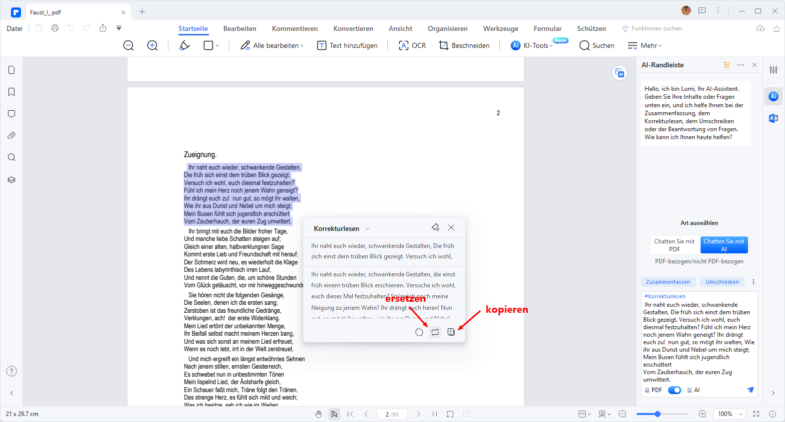 Sobald das Korrekturlesen abgeschlossen ist, stellt Lumi umgehend die verbesserte Version zur Verfügung. Über das Symbol "Ersetzen" können Sie den Originaltext direkt durch die korrigierte Version ersetzen. Alternativ können Sie den korrigierten Text mit der Klicken auf die Schaltfläche "Kopieren" kopieren und mühelos in Ihr aktuelles PDF oder ein neues Dokument einfügen, um ihn sofort zu verwenden.