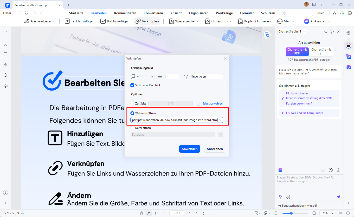 Dann erscheint ein Popup-Fenster, in dem Sie die Einstellungen für den HTML-Link konfigurieren können, einschließlich seines Aussehens und der Art des Links.