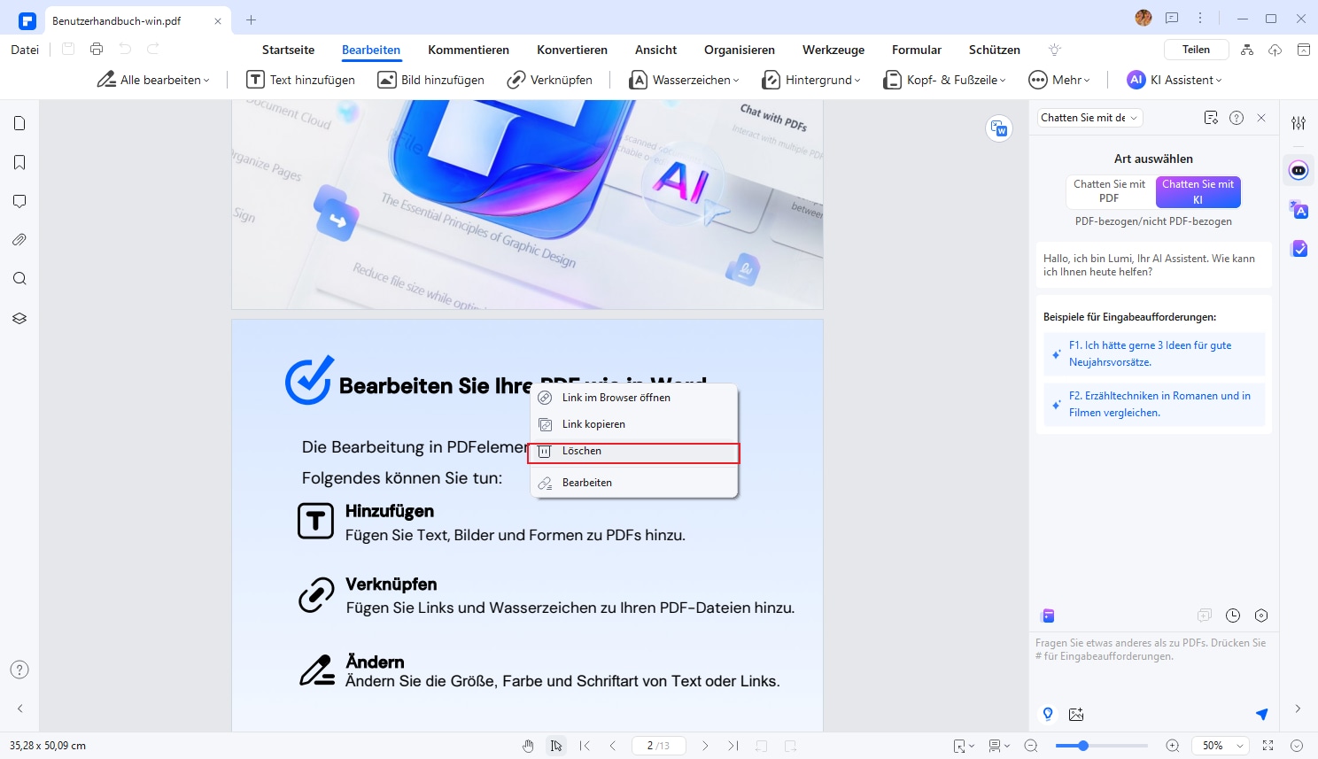 Öffnen Sie die PDF-Datei und wählen Sie den Link aus, den Sie entfernen möchten, und klicken Sie auf "Löschen".