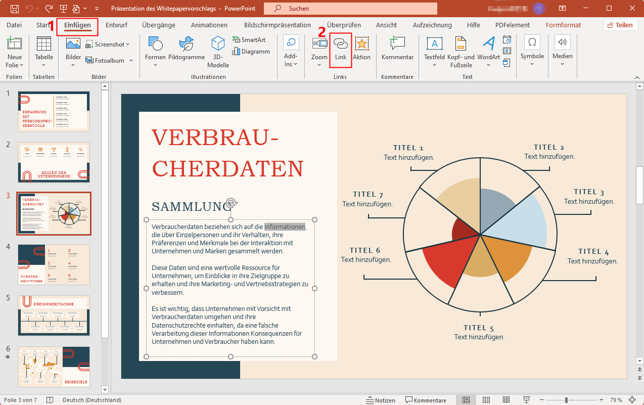 Öffnen Sie die PowerPoint-Präsentation und wählen Sie auf der Folie ein Objekt wie ein Bild, eine Form, ein Gif, ein Online-Bild oder einen Text aus, um einen Link einzufügen. Sie können auf Einfügen gehen und Link wählen.