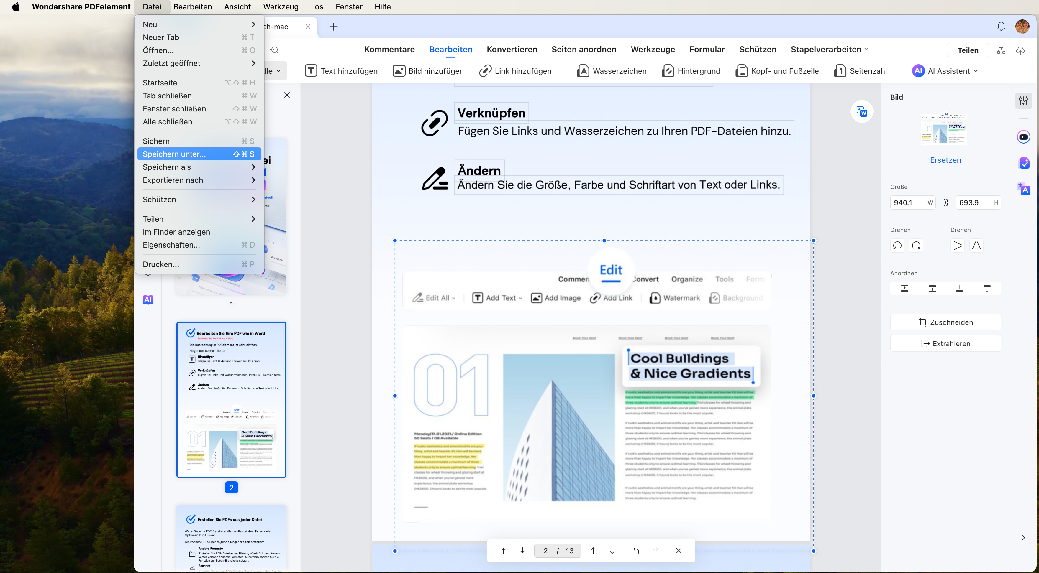 Fügen Sie das gewünschte Bild in die PDF-Datei ein und bearbeiten Sie es nach Ihren Wünschen. Wenn Sie fertig sind, klicken Sie oben links auf speichern.