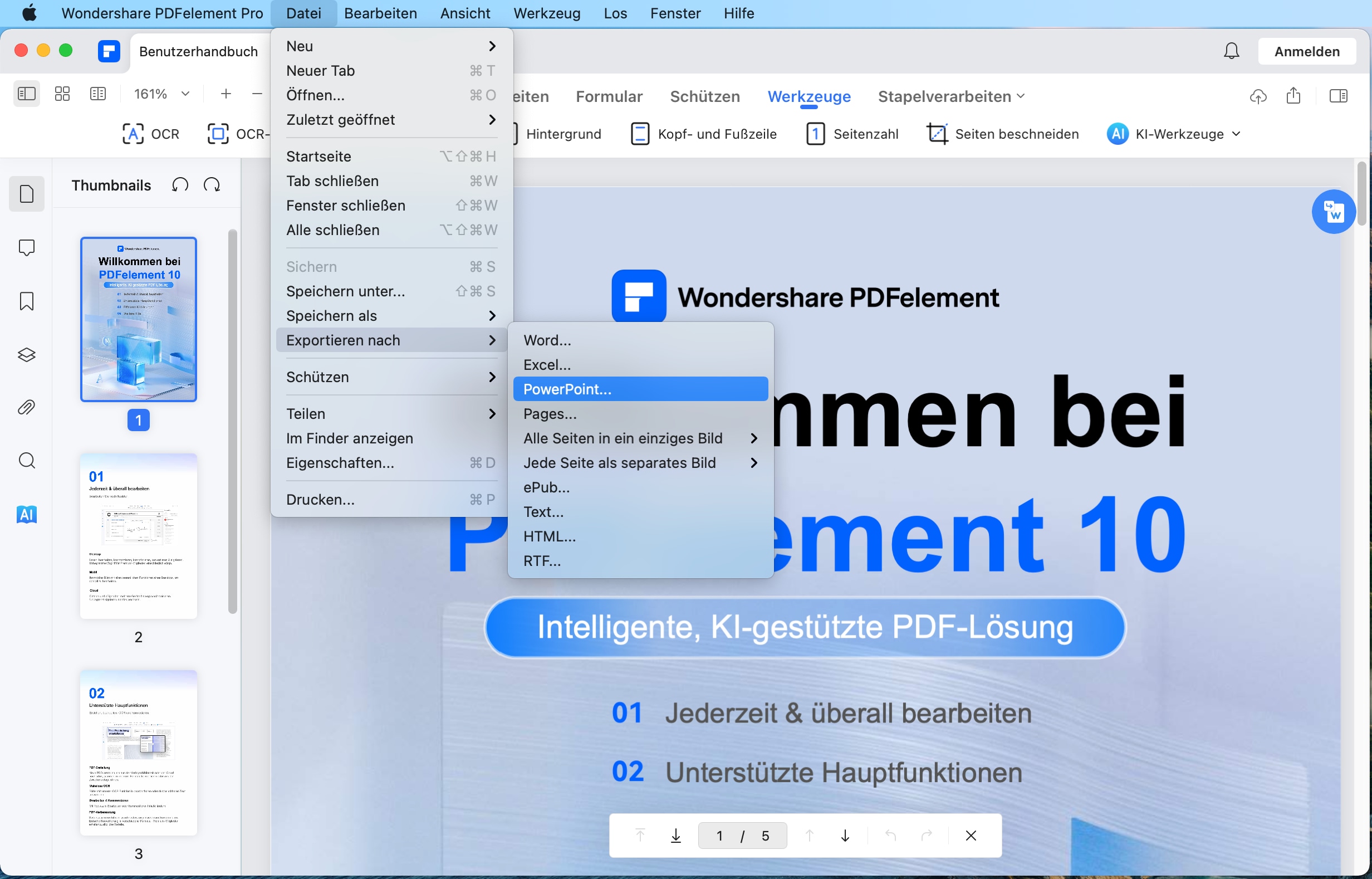 Wenn Sie unter macOS 11 ein einzelnes PDF in iWork Pages umwandeln möchten, können Sie zuerst zum Menü „Datei“ gehen. Wählen Sie dann „Exportieren nach“ > Schaltfläche "Pages".
