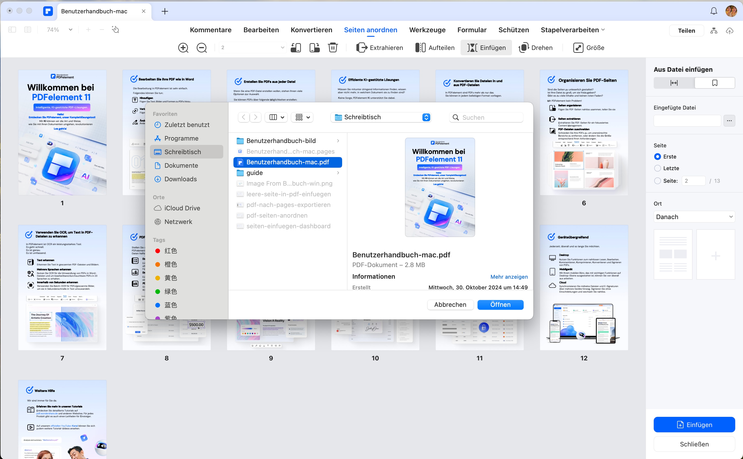 Sie können die Pages-Anwendung öffnen, um eine neue Datei zu erstellen, oder Ihr neu konvertiertes .pages-Dokument direkt öffnen. Wählen Sie die Option Einfügen im oberen Menü. In dem neuen Pop-up-Fenster können Sie die PDF-Datei auswählen, die Sie direkt einfügen möchten.