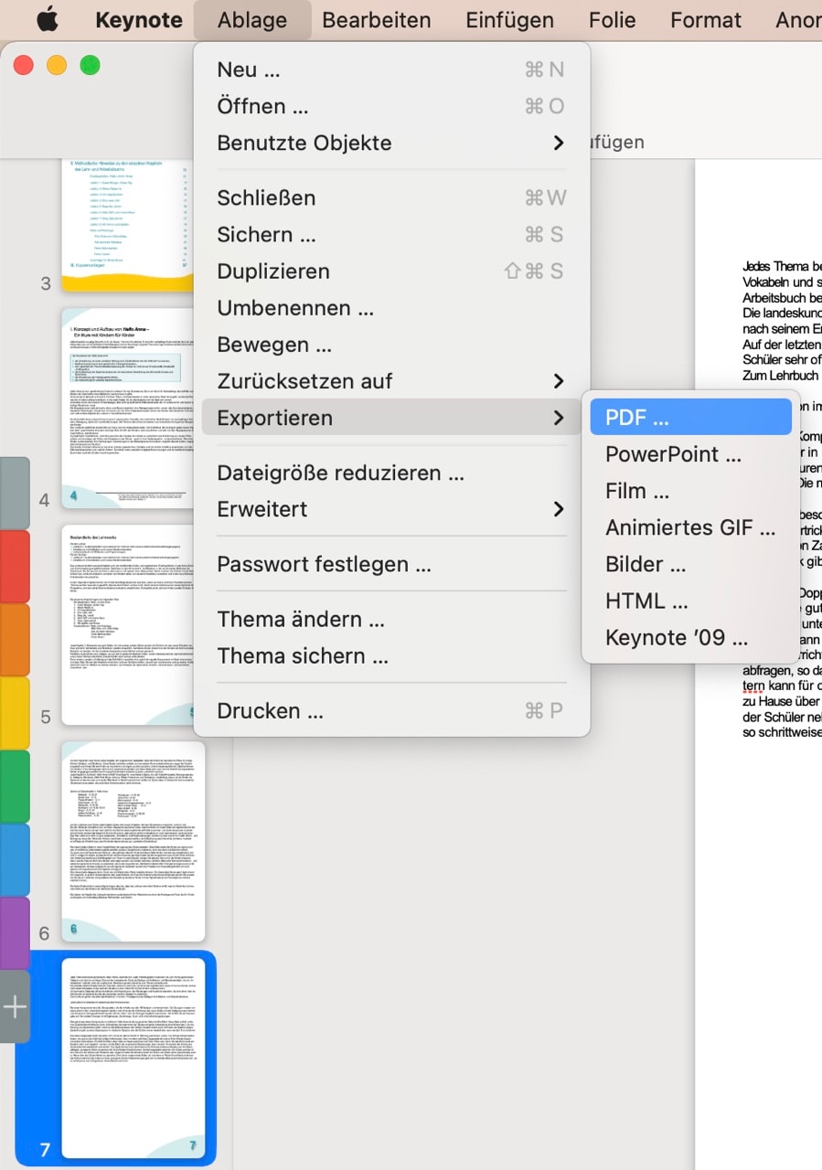 Öffnen Sie Ihre Keynote-Datei. Klicken Sie im Dropdown-Menü Datei auf "Datei" > "Exportieren" > "PDF".