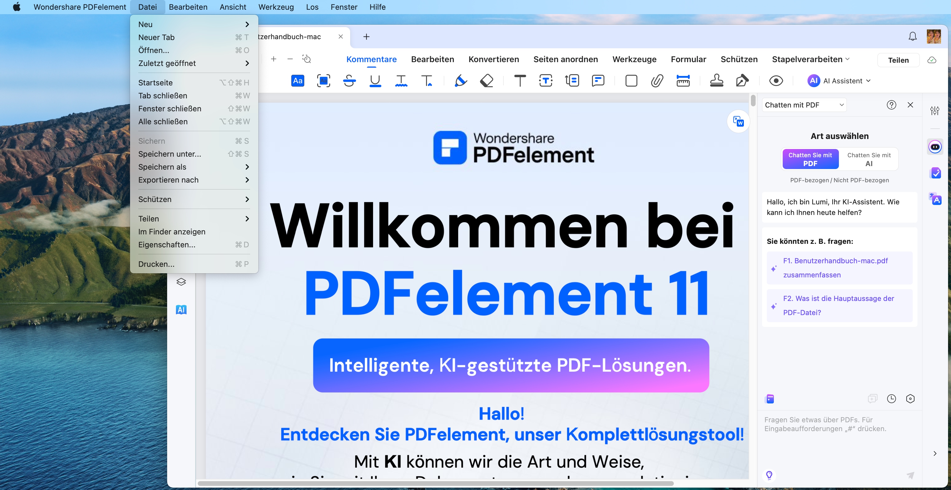 Öffnen Sie die Datei, die Sie als PDF-Datei drucken möchten, mit PDFelement for Mac. Klicken Sie auf "Datei" > "Drucken" oder benutzen Sie Befehltaste+P, um das Druckbefehlsfenster zu öffnen.