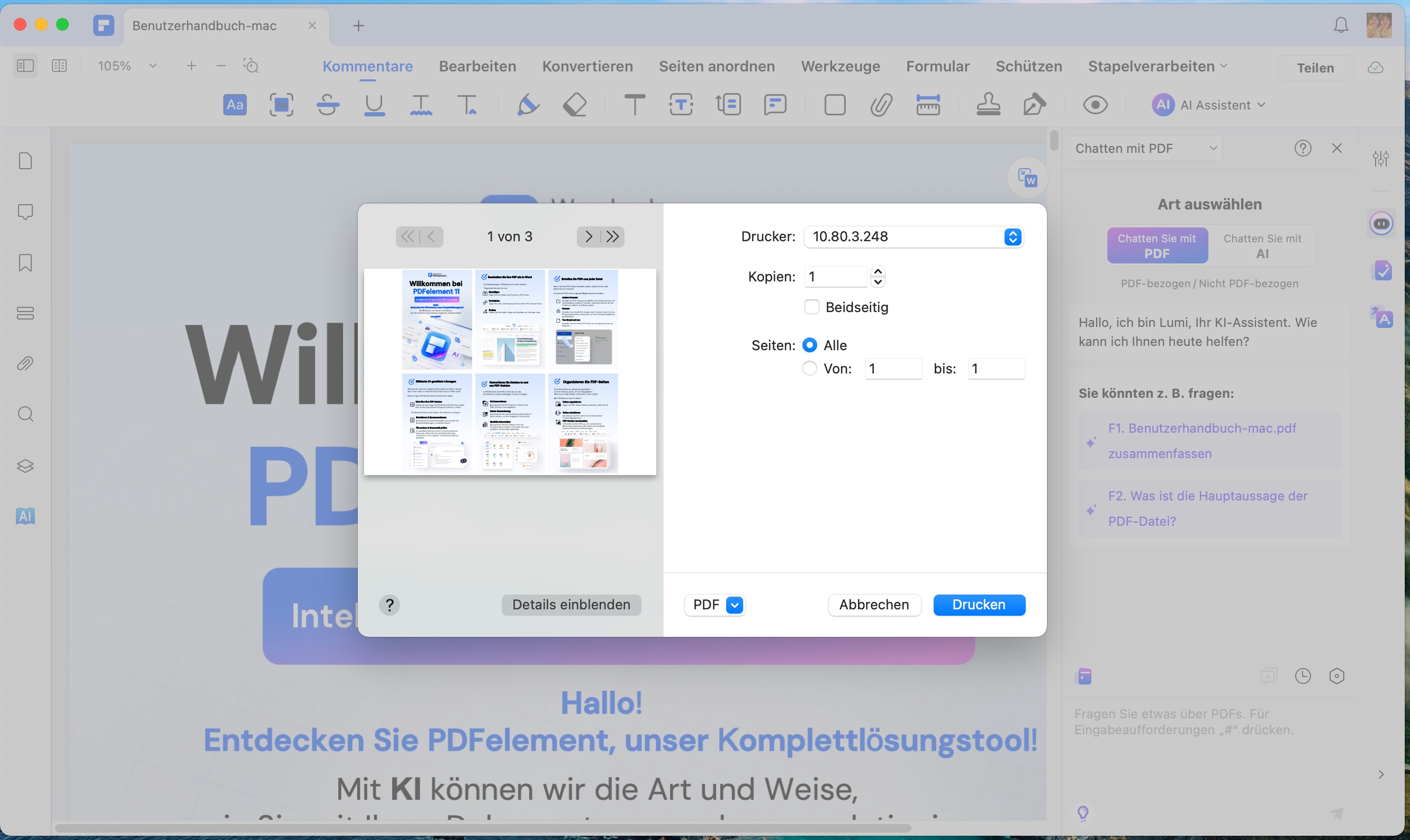 Legen Sie die gewünschten Druckoptionen fest. Klicken Sie im Druckfenster auf die Schaltfläche PDF und wählen Sie im Dropdown-Menü die Option Als PDF speichern. Benennen Sie die PDF-Datei und wählen Sie einen Speicherort aus.