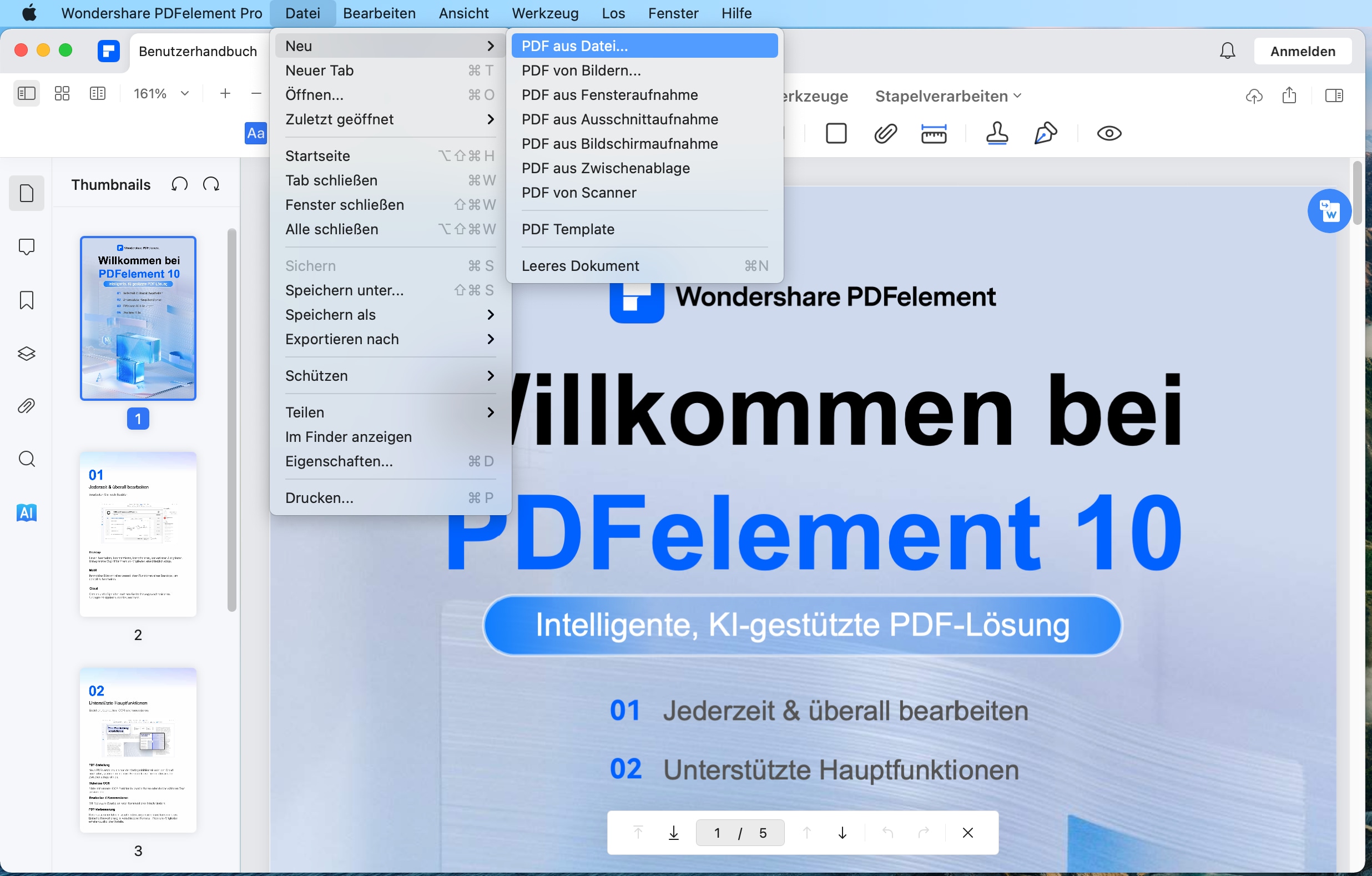 Führen Sie PDFelement auf Ihrem Mac aus, klicken Sie auf "Datei" > “Neu” > “PDF aus Datei”.