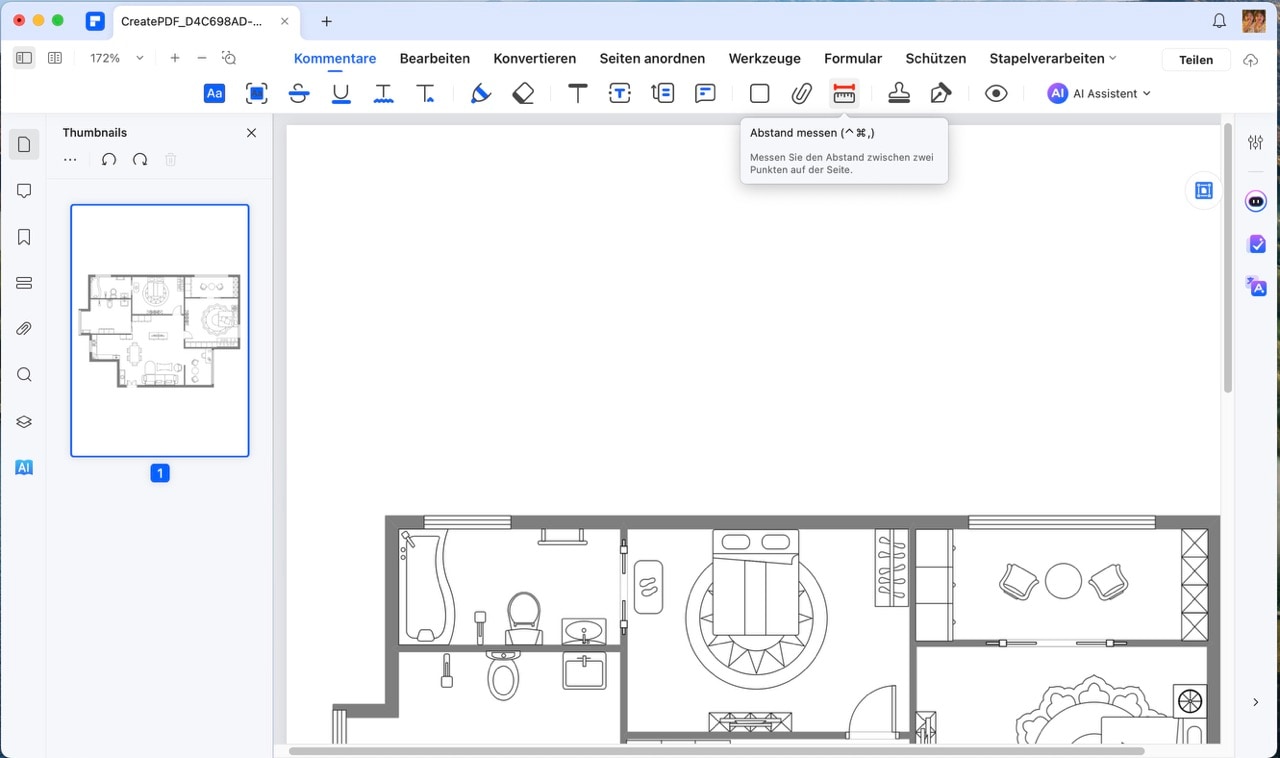 Wählen Sie die Registerkarte „Kommentare“ und klicken Sie in der sekundären Menüleiste auf das Werkzeug „Abstand Messen“. Der Bereich „Messen“ wird auf der rechten Seite angezeigt.