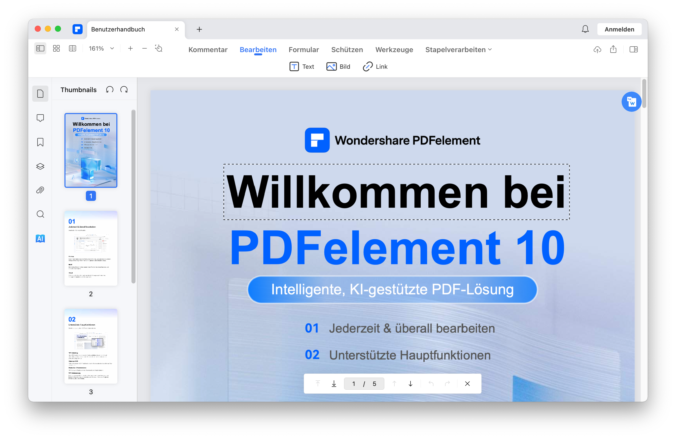 Wenn Sie das Dokument bearbeiten müssen, können Sie diesen Vorgang direkt in der PDF-Datei durchführen. Mit PDFelement können Sie Text, Bild, Link, Wasserzeichen, Hintergrund und so weiter bearbeiten.