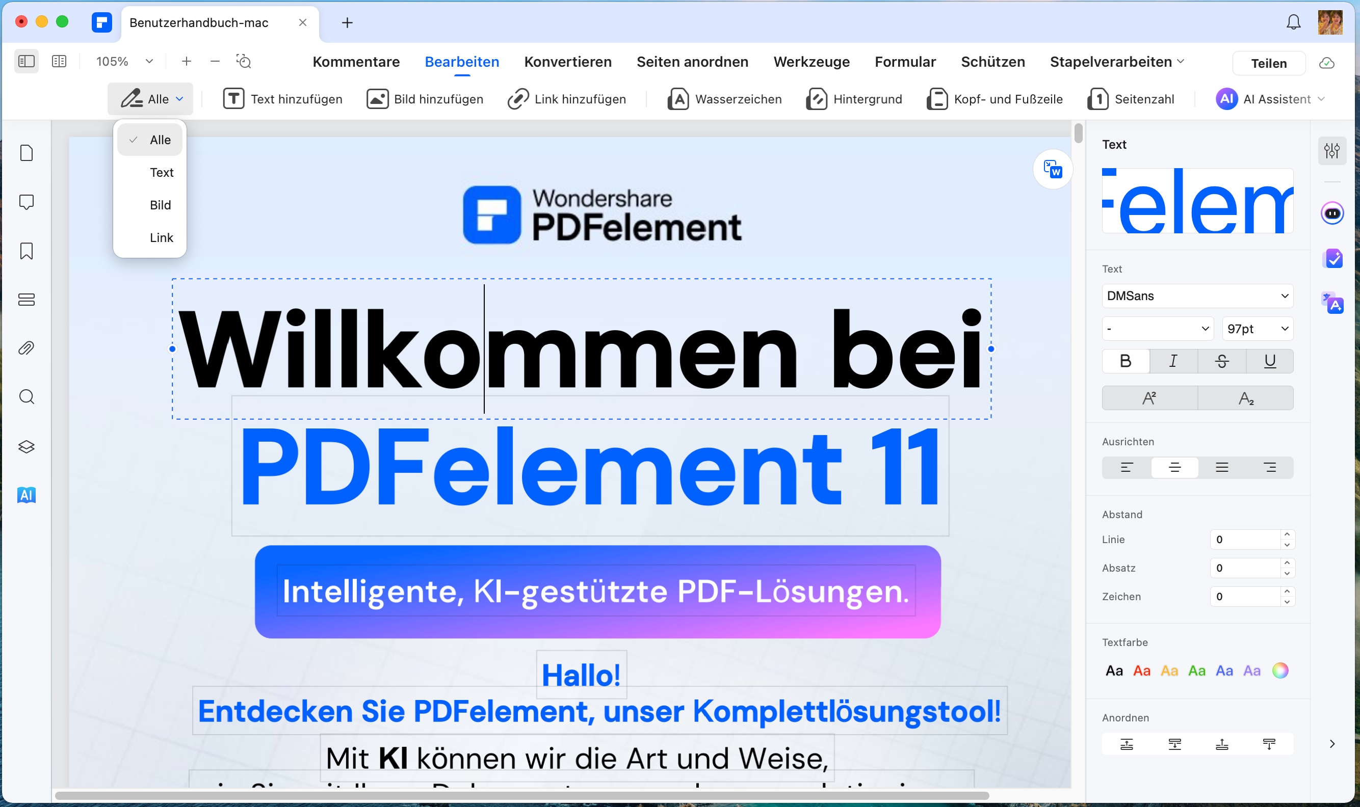 Nachdem Sie die Datei als PDF geöffnet haben, können Sie sie nach Belieben bearbeiten. Klicken Sie auf das Menü "Bearbeiten" und bearbeiten Sie Text, Bilder oder andere Elemente.