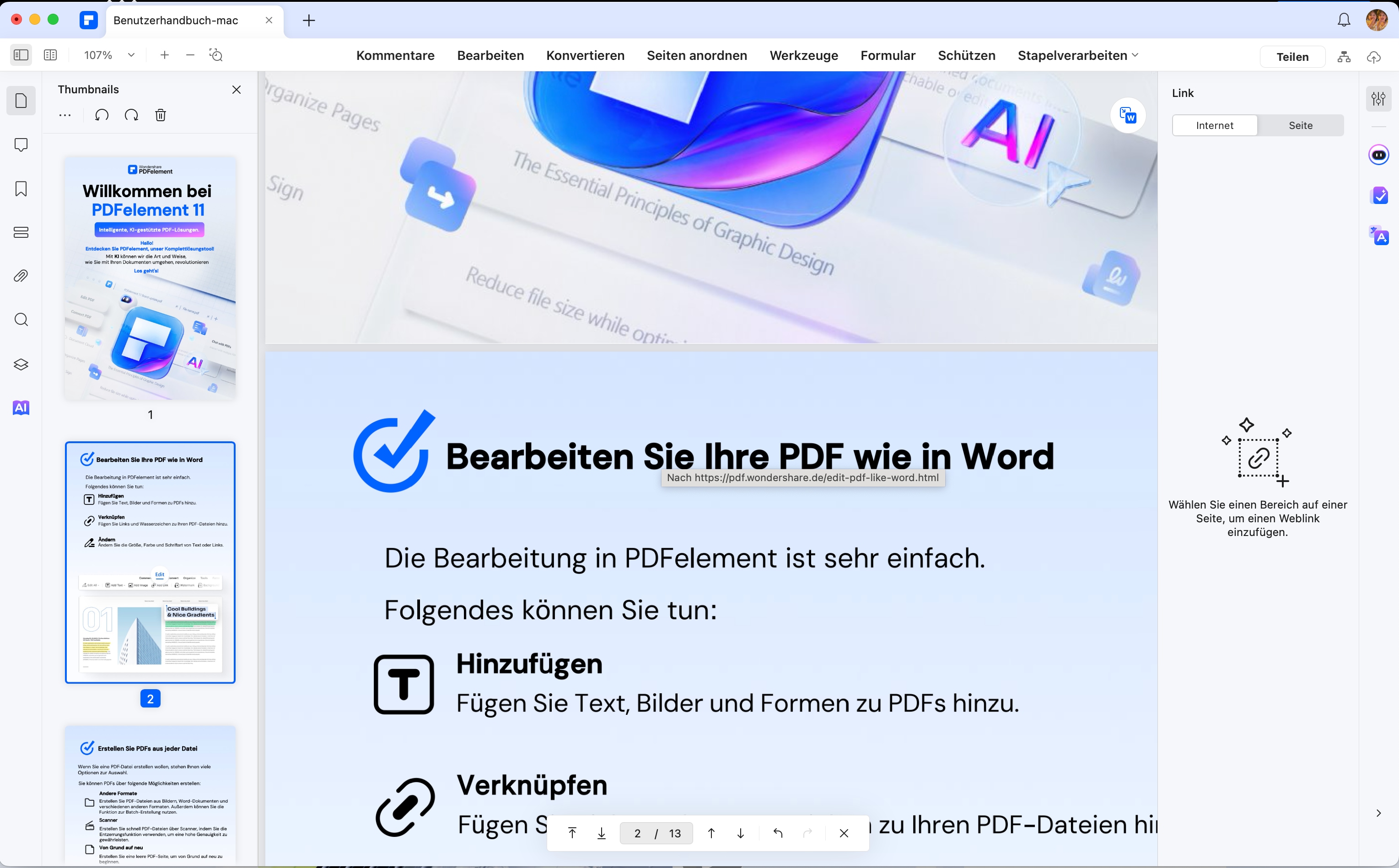 Nachdem die Bearbeitung abgeschlossen ist, klicken Sie in der Menüleiste auf „Bearbeiten“, um die Option „Link hinzufügen“ zu deaktivieren. Sie sehen dann den endgültigen Effekt, d. h. der Text der Linkadresse wird nicht in der Datei angezeigt. Erst wenn Sie den Cursor auf den hinzugefügten Linktext bewegen, werden Sie aufgefordert, Ihnen mitzuteilen, auf welche URL verlinkt werden soll.