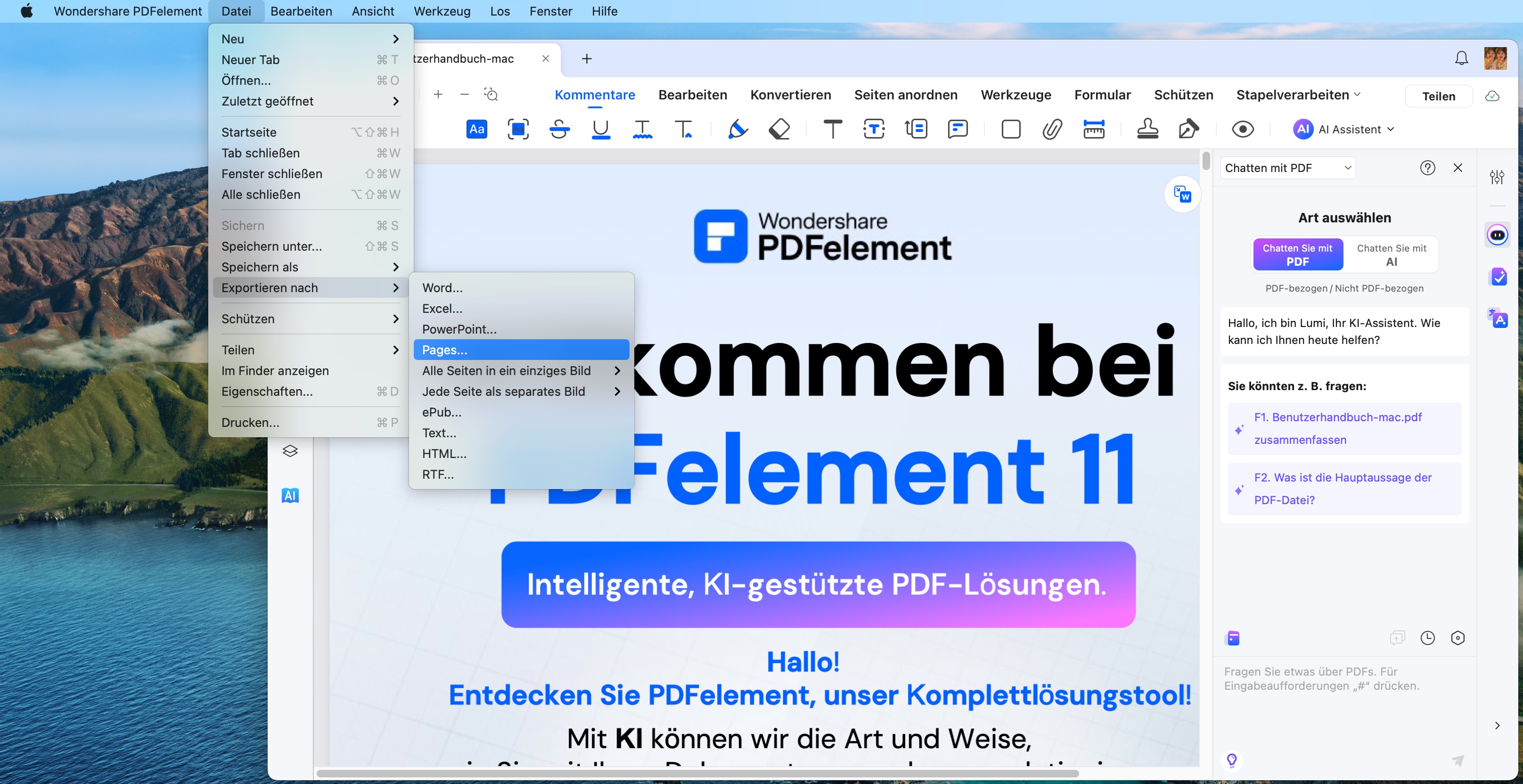 Wenn Sie unter macOS 11 ein einzelnes PDF in iWork Pages umwandeln möchten, können Sie zuerst zum Menü „Datei“ gehen. Wählen Sie dann „Exportieren nach“ > Schaltfläche "Pages".