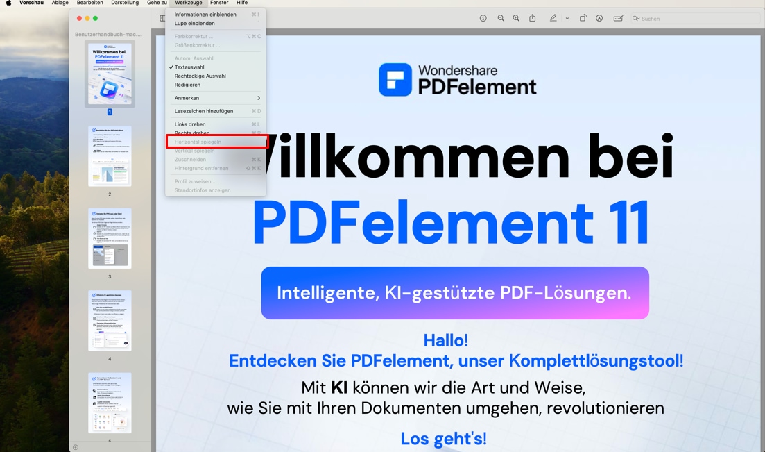 Manchmal wird die Schaltfläche „Horizontal spiegeln“ jedoch grau und kann nicht ausgewählt werden, was bedeutet, dass die Funktion zum Spiegeln von PDF nicht abgeschlossen werden kann. Daher empfehlen wir Ihnen, die Mac-Version von PDFelement zu verwenden. Die Bedienungsmethode ist die gleiche wie im ersten Teil dieses Artikels.