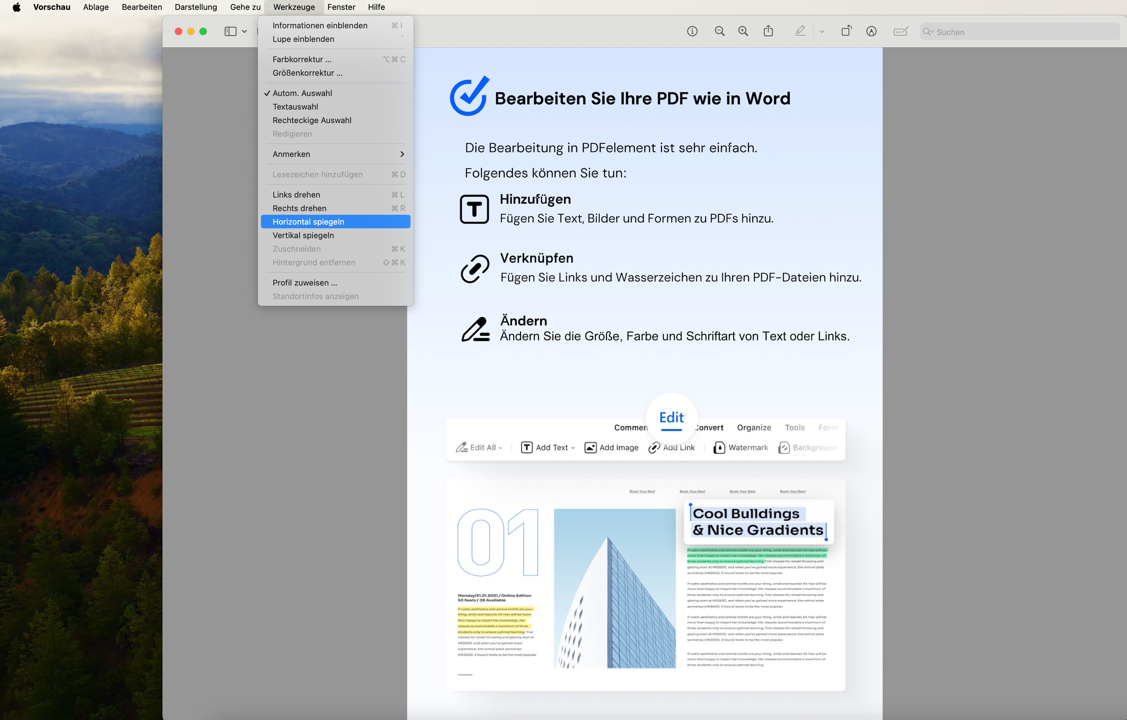 Navigieren Sie zum Menü „Werkzeuge“, wo Sie drei Optionen zum Spiegeln der PDF-Datei finden: „Horizontal spiegeln“, „Nach links drehen“ und „Nach rechts drehen“. Um die PDF-Datei horizontal zu spiegeln, wählen Sie „Horizontal spiegeln“. Wählen Sie zum vertikalen Spiegeln entweder „Nach links drehen“ oder „Nach rechts drehen“.