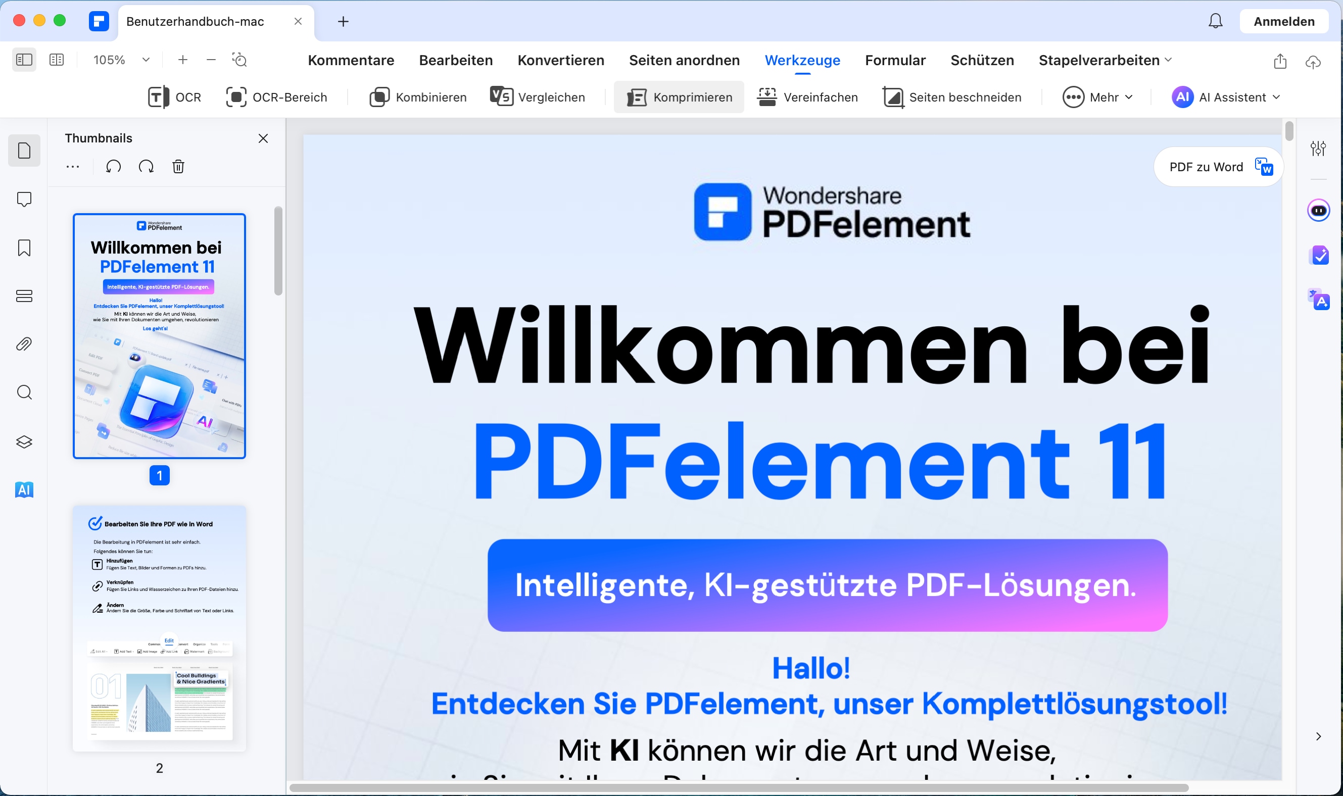 Starten Sie die Anwendung auf Mac, klicken Sie auf "PDF öffnen". Gehen Sie dann zu "Werkzeuge">"PDF komprimieren".