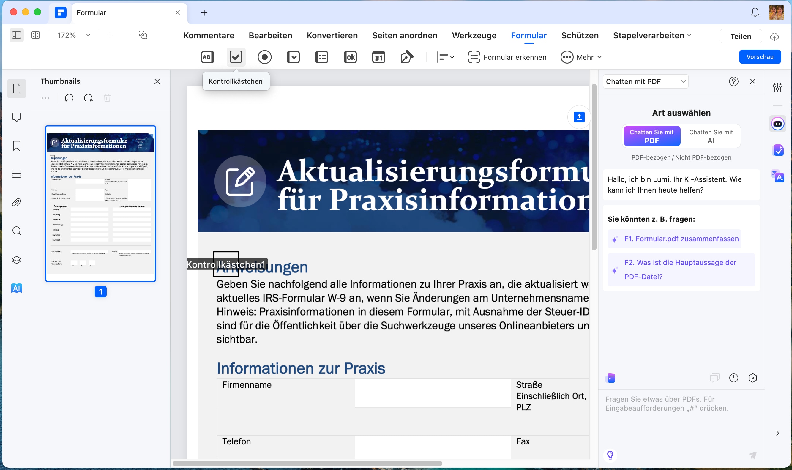 Sobald das Dokument erfolgreich geöffnet wurde, müssen Sie im Menü oben zur Registerkarte „Formular“ navigieren. Wählen Sie im folgenden Menü die Option „Kontrollkästchen hinzufügen“ und setzen Sie an beliebiger Stelle ein Kontrollkästchen in eine PDF-Datei.