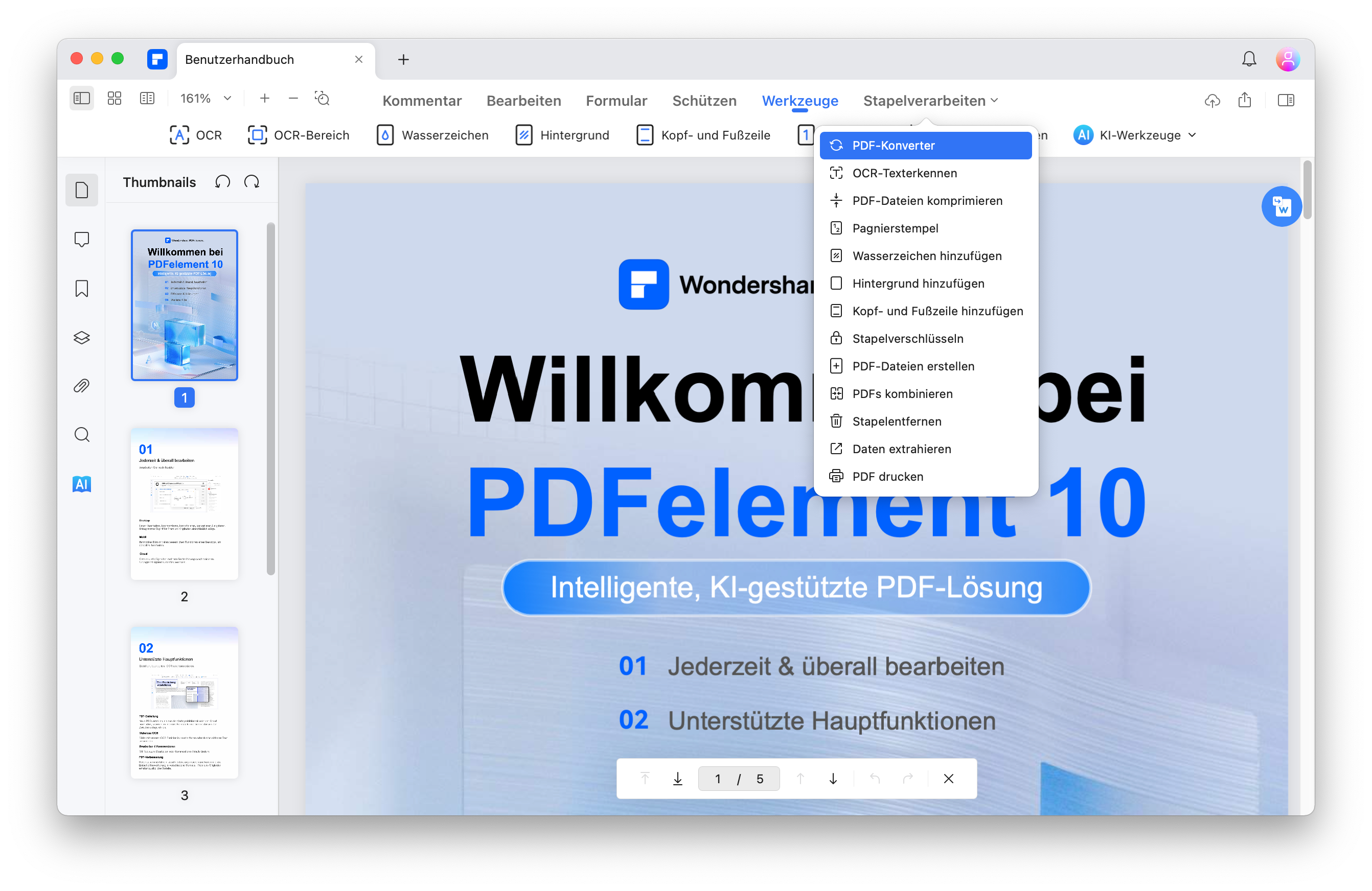 Wenn Sie PDFs in Pages auf Mac stapelweise umwandeln möchten, können Sie auf die Schaltfläche „Werkzeuge“ klicken, in der Option „Stapelverarbeiten“ die Schaltfläche „PDF-Konverter“ auswählen.