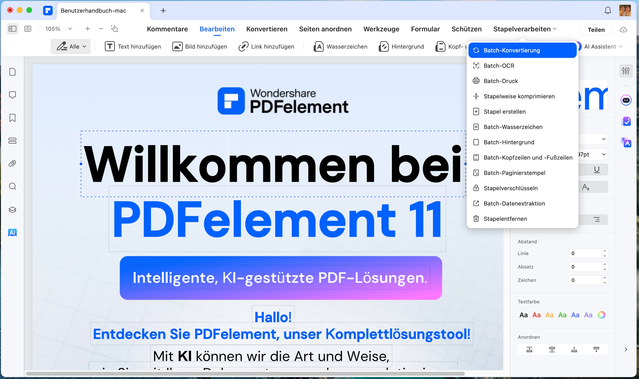 Wenn Sie PDFs in Pages auf Mac stapelweise umwandeln möchten, können Sie auf die Schaltfläche „Werkzeuge“ klicken, in der Option „Stapelverarbeiten“ die Schaltfläche „PDF-Konverter“ auswählen.