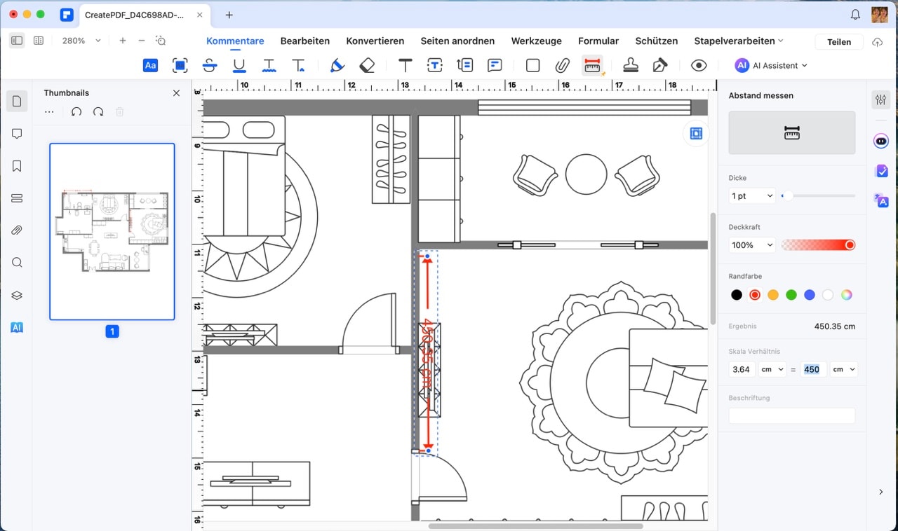 Sie können auch den Maßstab des PDF-Messwerkzeugs anpassen, um die Zeichnung zu kalibrieren. Beispielsweise zeigt der PDF-Grundriss eine Entfernung von 450 cm an. Das Messergebnis, das wir gerade erhalten haben, beträgt 3,64 cm. Daher können wir den Maßstab auf 3,64 cm pro 450 cm ändern.
