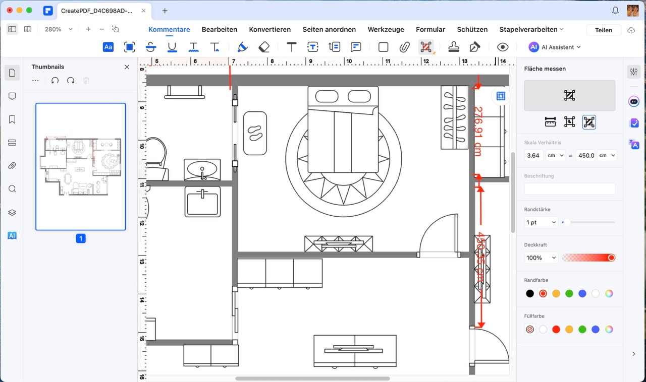 Klicken Sie auf das letzte Symbol, um den Flächenmessvorgang zu starten. Mit diesem Tool können Sie die Fläche einer Zeichnung oder eines bestimmten Objekts im PDF messen.