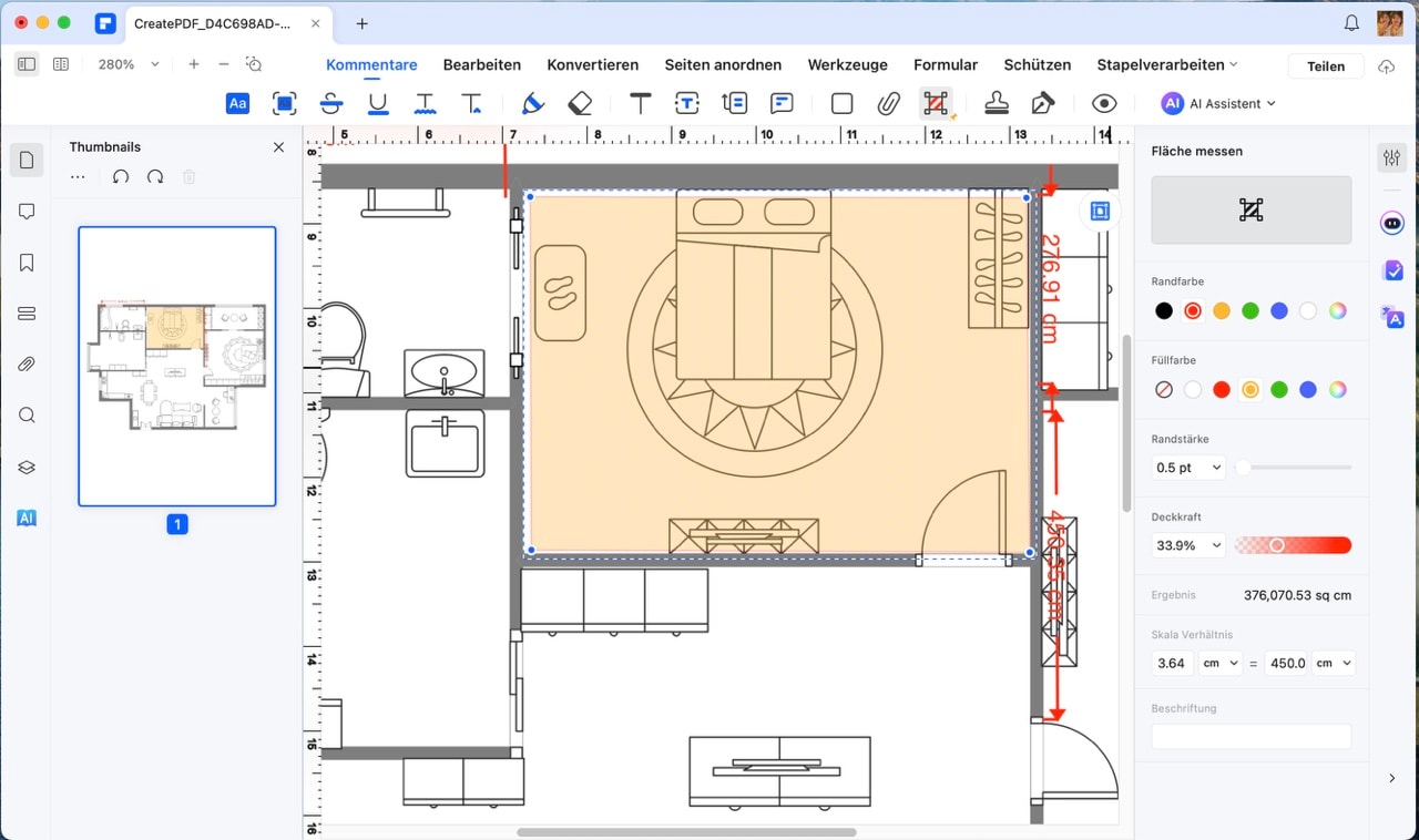 Sie können das Erscheinungsbild der Messung ändern, indem Sie ihre Eigenschaften im rechten Bereich ändern. Mit PDFelement für Mac können Sie die Farbe, Dicke und Deckkraft der Messungen anpassen.