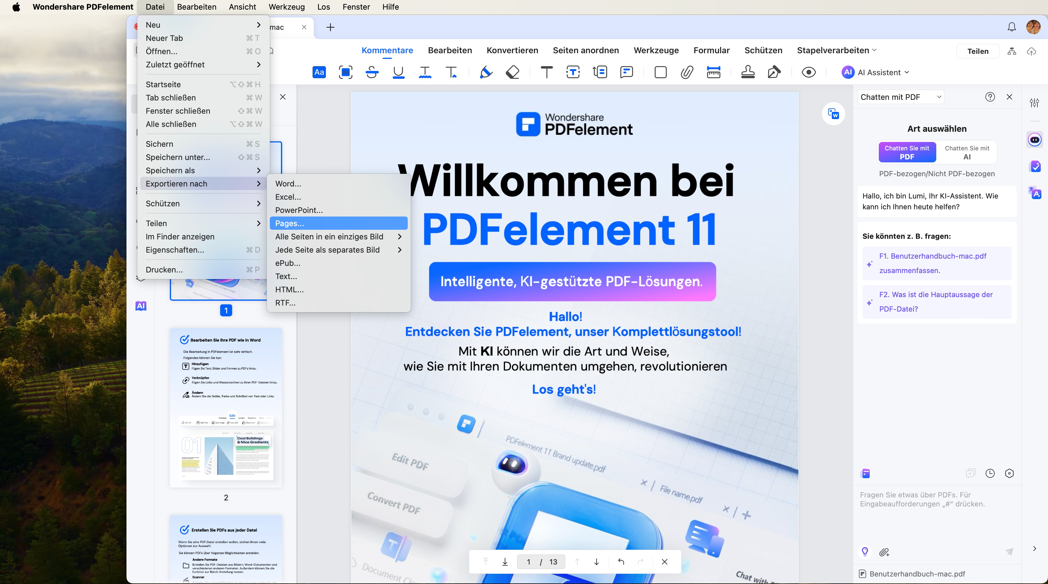 Der nächste Schritt besteht darin, die PDF-Datei in ein Format zu konvertieren, das von Pages unterstützt wird. Klicken Sie oben auf das Menü „Datei“ und wählen Sie „Exportieren nach“, „Word“, „RTF“, „Text“ oder „Pages“, um den Konvertierungsprozess zu starten.