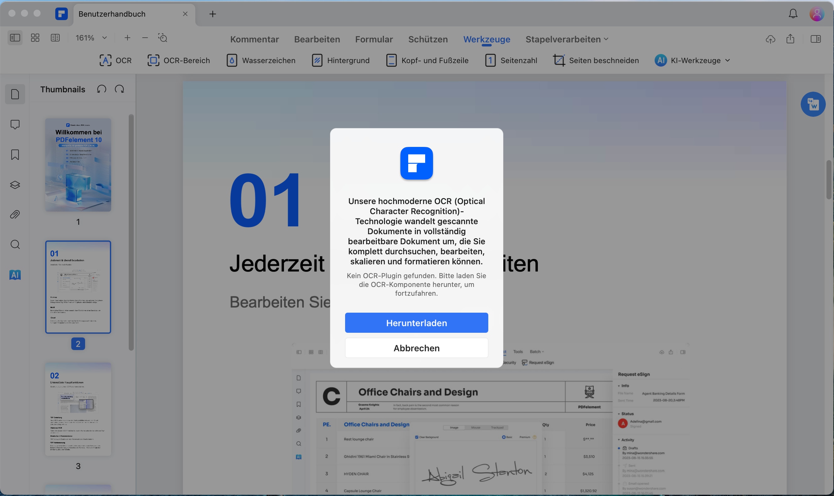 Öffnen Sie die gescannte PDF-Datei. Klicken Sie auf den Button "Werkzeuge" > "OCR". Wenn Sie unsere OCR-Technologie zum ersten Mal verwenden, dauert der Download einige Sekunden.